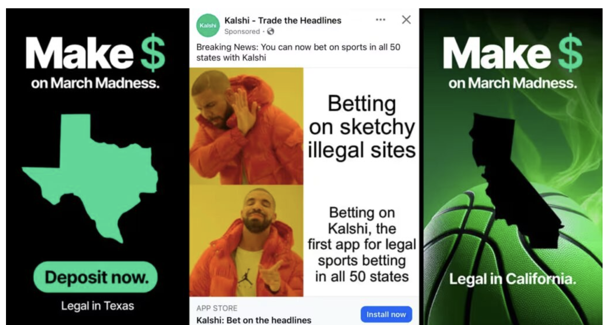 In this online ad, prediction market platform Kalshi advertises its sports betting products in California and Texas, both states that have not legalized sports gambling. States are increasingly targeting platforms like Kalshi, arguing they circumvent the protections and taxes of regulated gambling markets. (Image courtesy of Dustin Goucher/ Event Horizon newsletter)