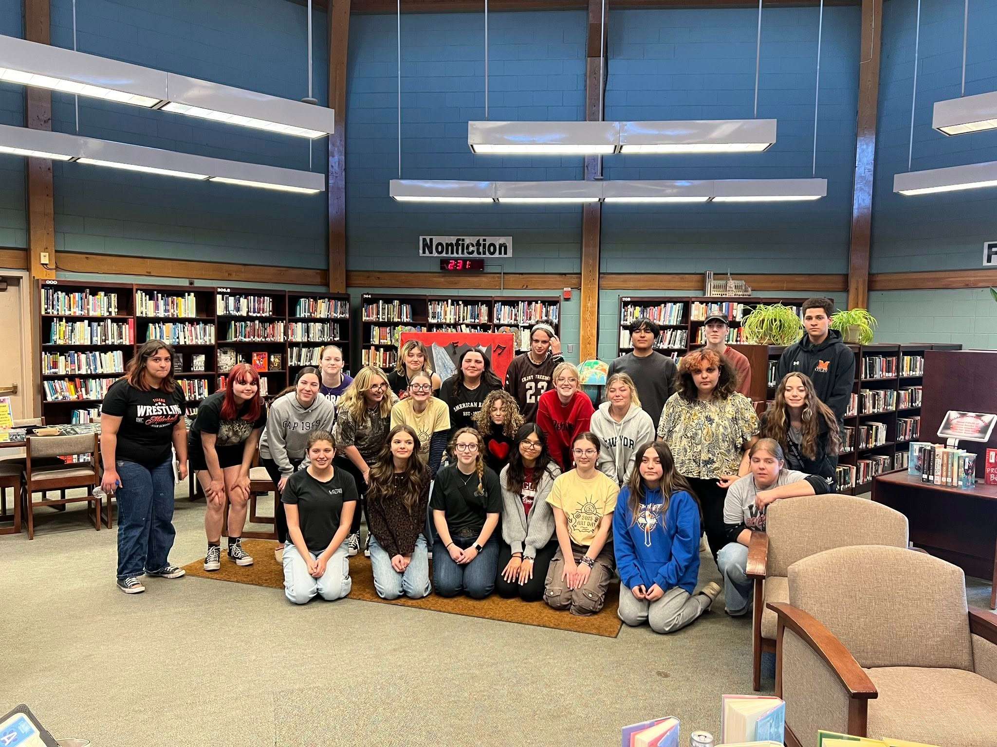 Teams from Alliance, Gordon-Rushville, Hemingford, Mitchell and Bayard gather following the Art Day Challenge in the AHS library.