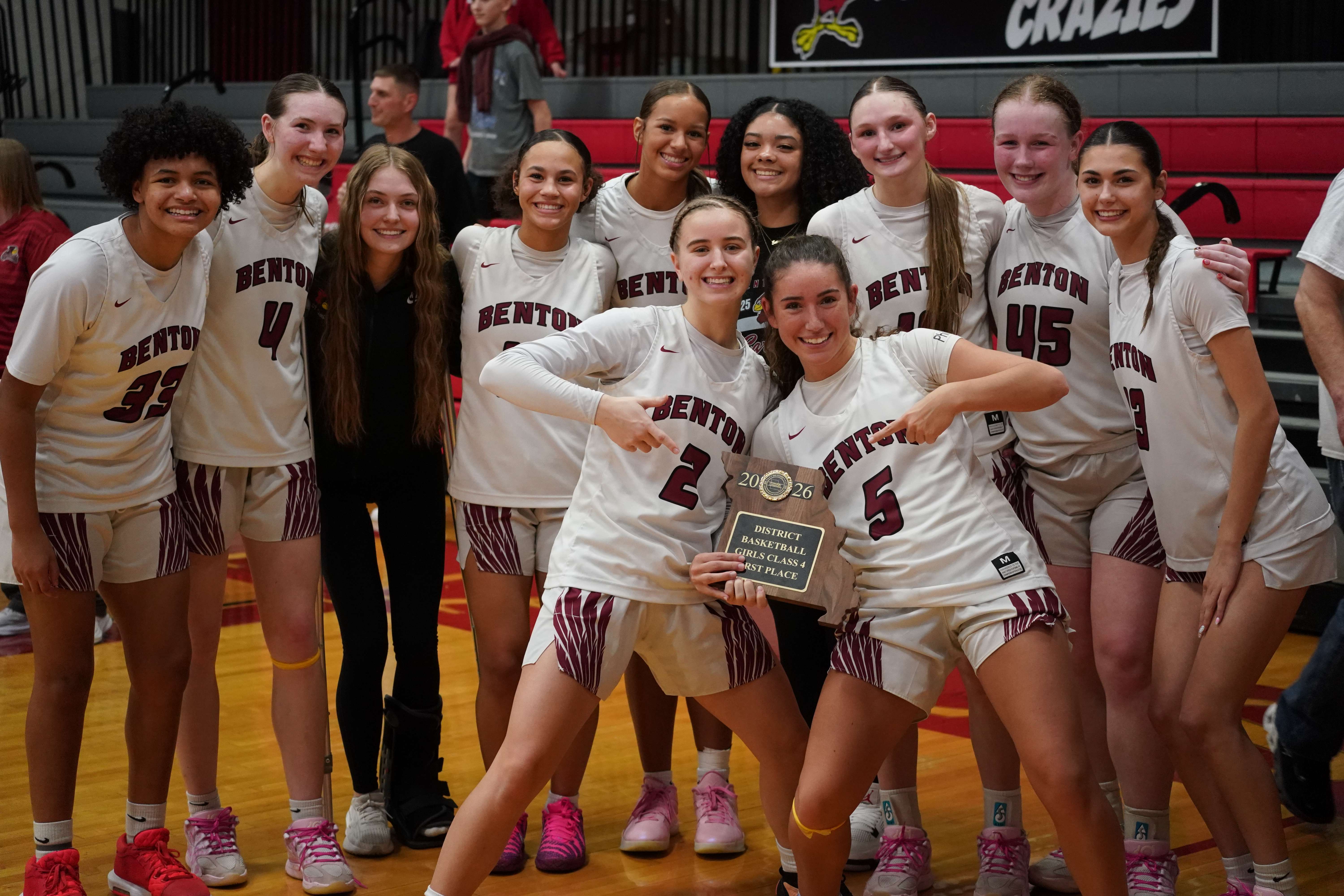 The Benton girl basketball team won its second straight, and fourth in the last five years, Class 4 District 16 title, defeating Lafayette in a double overtime thriller 53-51.&nbsp; It's the last time the Cardinals and Irish will do battle before the St. Joseph School District restructures next school year/ Photo courtesy of Clifton Grooms