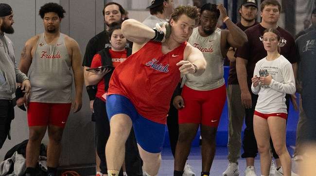 Blue Dragon sophomore Joshua Sweetnam finishes third in the NJCAA Indoor men's shot put on Friday in Topeka. (Sydney Holzrichter/Blue Dragon Sports Information)