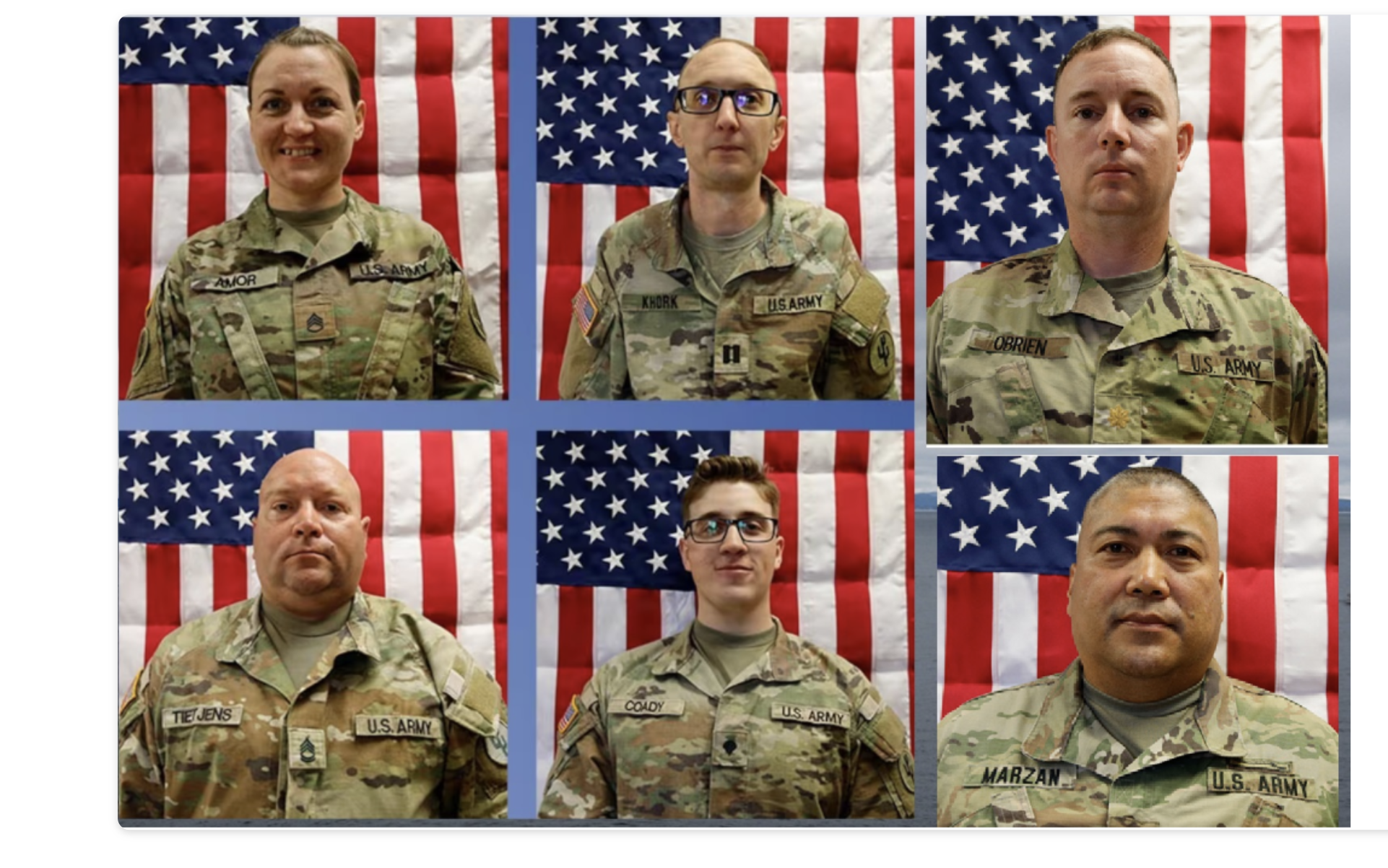 From top left Sgt. 1st Class Nicole Amor; Capt. Cody Khork; Maj. Jeffrey O’Brien;&nbsp;Sgt. 1st Class Noah Tietjens;&nbsp;Sgt. Declan Coady and&nbsp;Chief Warrant Officer 3 Robert Marzan -photos U.S. Army Reserve Command