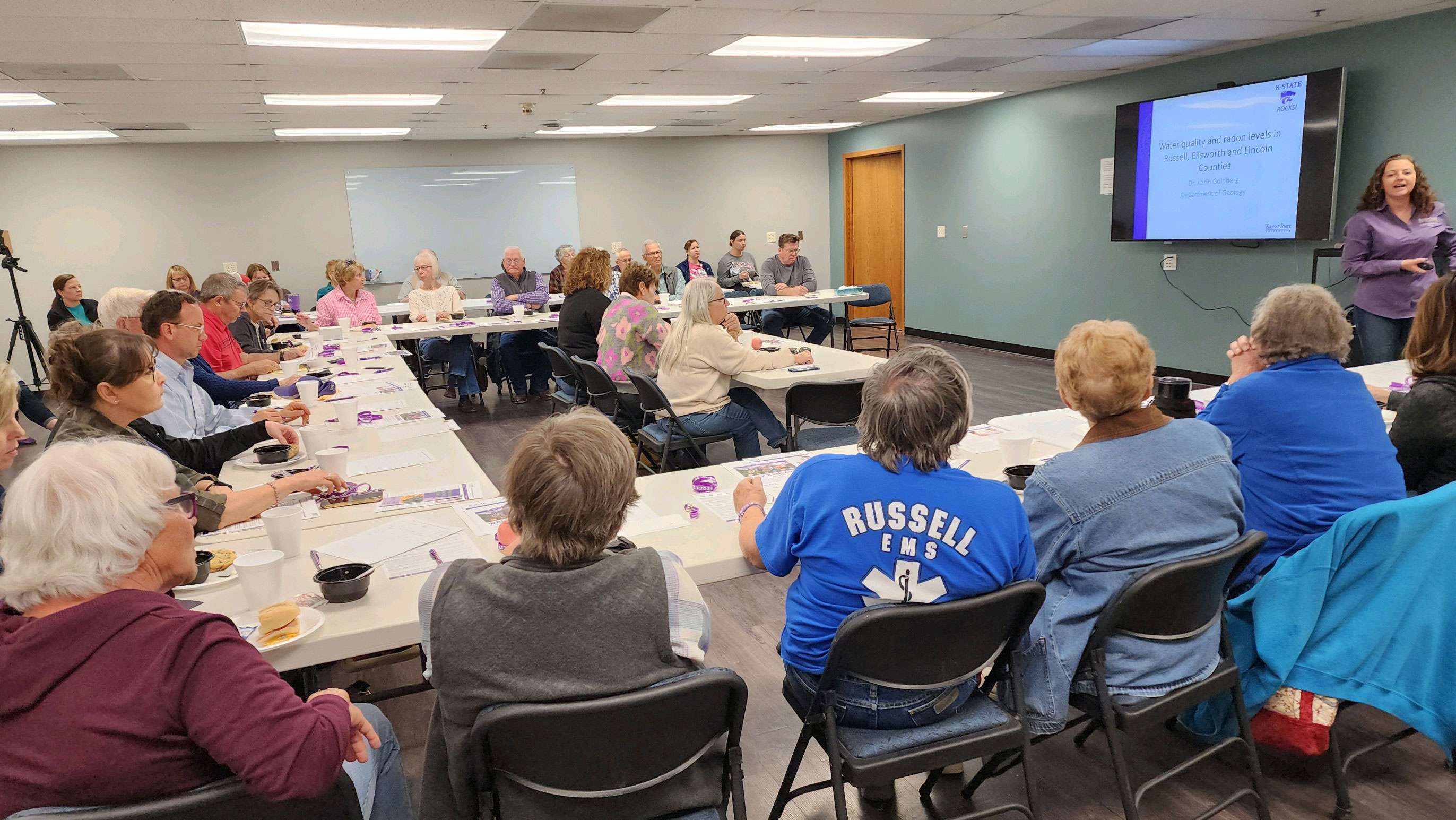 Residents of Russell, Ellsworth and Lincoln counties attend a town hall presentation by Karin Goldberg, former project lead. (Photo courtesy K-State News and Communication Service)
