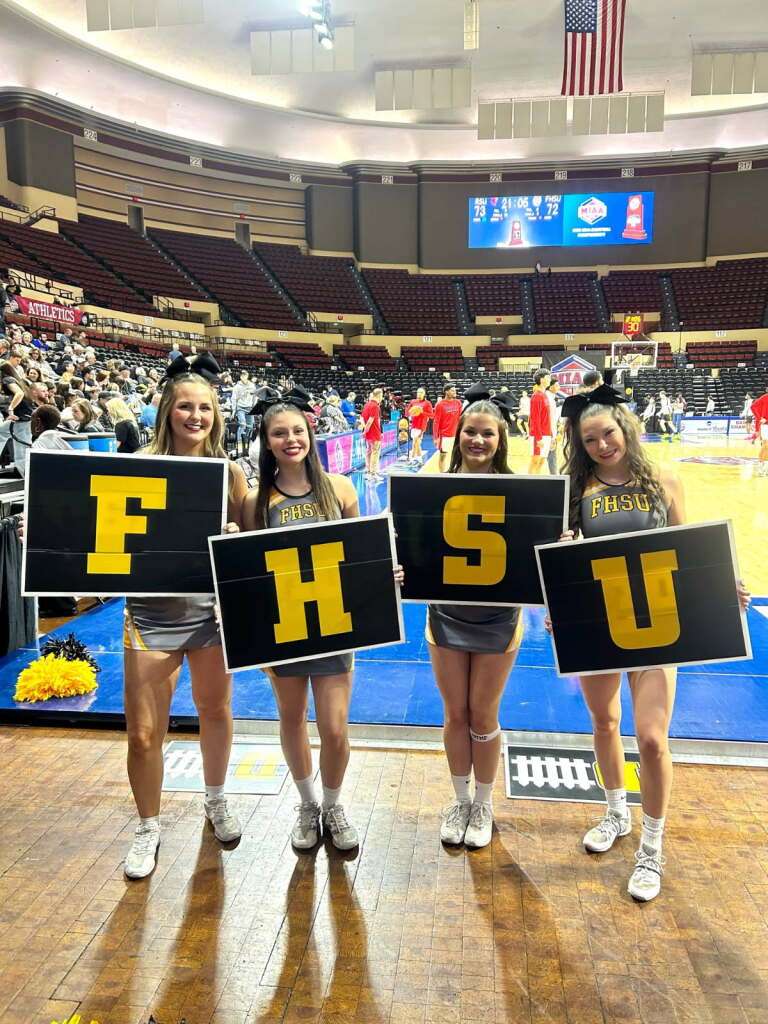 Fort Hays State cheerleaders at the MIAA Tournament (Hays Post photo/Diane Gasper-O'Brien)