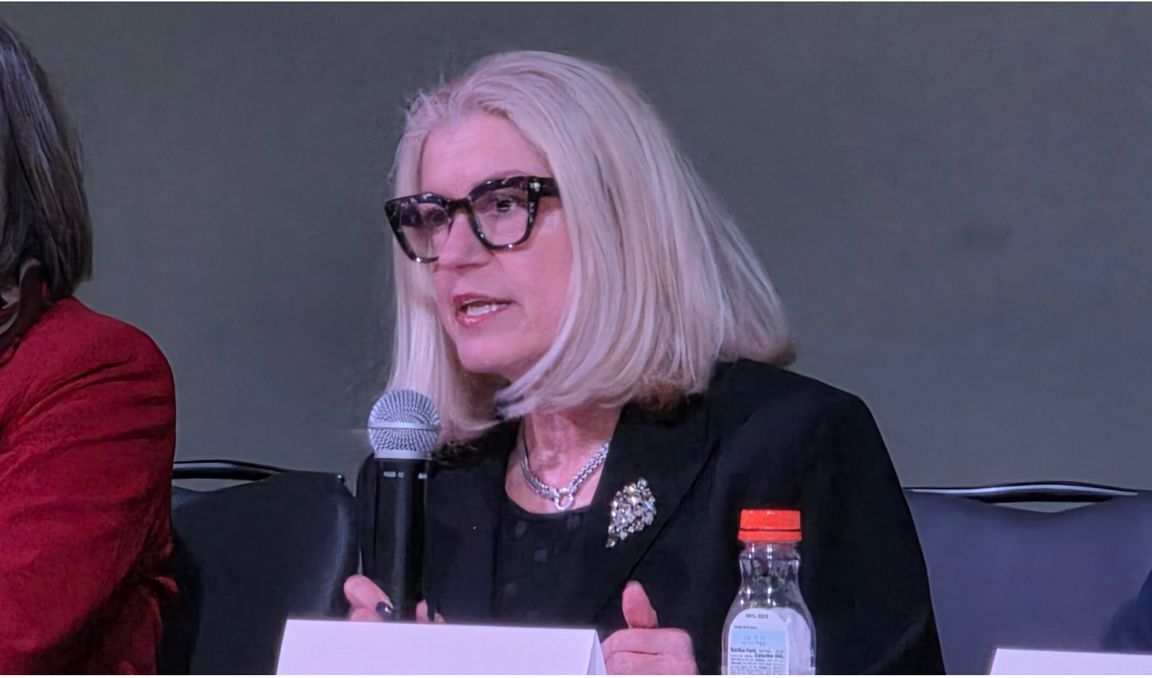 Democrat Sandy Spidel Neumann shares her thoughts on her run for the U.S. Senate at the Kansas Democratic Party’s annual convention on March 8 2026. (Photo by Morgan Chilson/Kansas Reflector)