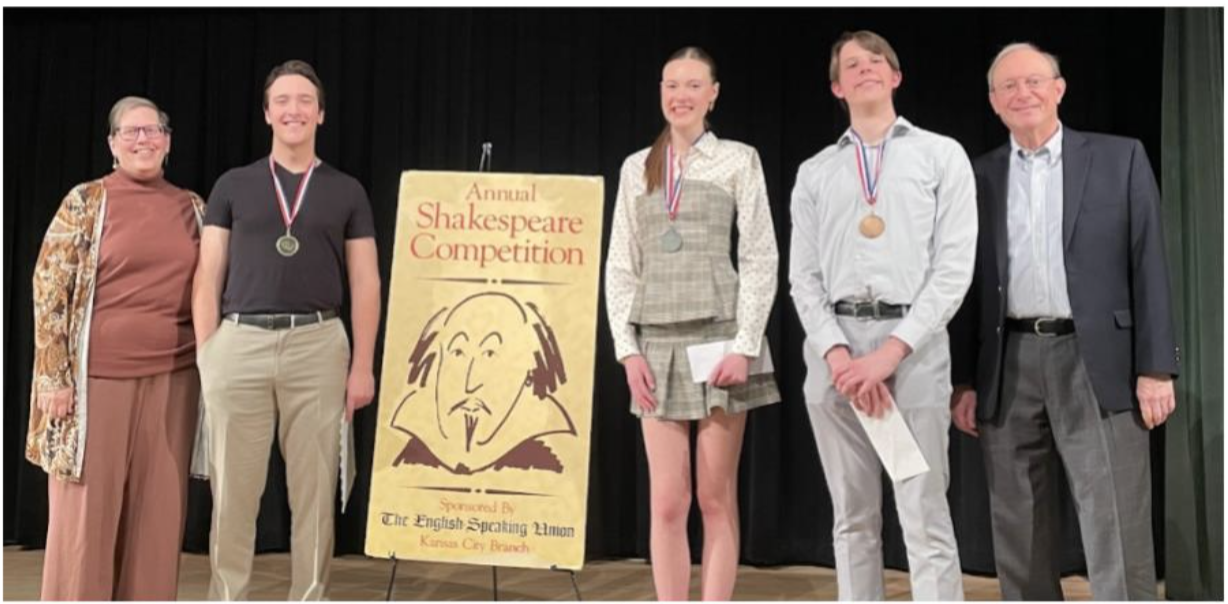 <b>Left to right: </b>Julie Robinson, President ESU KC; Tristan Jenkins, First Place Winner;  Harper Wright, Second Place Winner; Mac Sheforgen, Third Place Winner;  Dan Bukovac, Shakespeare Competition Coordinator. Courtesy of English Speakers Union, Kansas City Branch