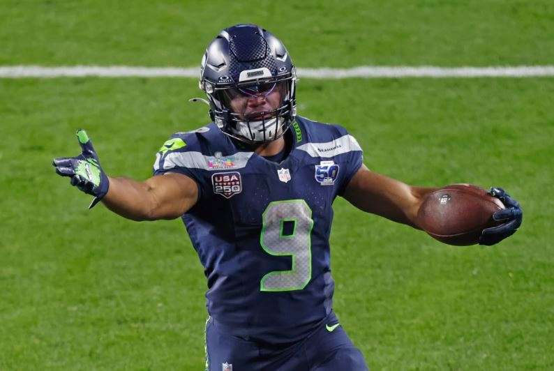 Seattle Seahawks running back Kenneth Walker III (9) in the fourth quarter against the New England Patriots during Super Bowl LX at Levi’s Stadium in Santa Clara, Calif. on Sunday, Feb. 8, 2026.(Santiago Mejia/San Francisco Chronicle via AP)