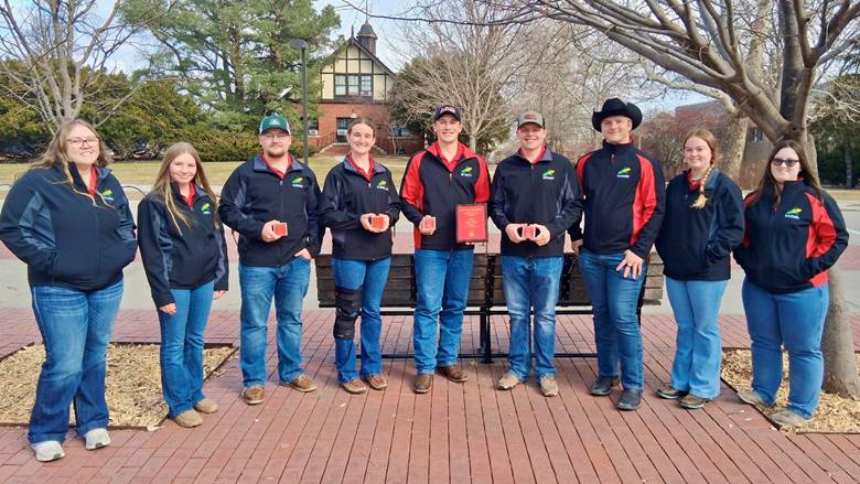 NCTA Crops Judging Team with awards (L-R): Kyra Jespersen, Hemingford, NE; Jada Eilert, Jewell, KS; Aaron Underwood, Esbon, KS; KaCee Jo Saffer, Arriba, CO;  Wyatt Ozenbaugh, Ohiowa, NE; Grant Ottun, Sargent, NE; Hailey Loutzenhizer, Flagler, CO; Mason Semler, Exeter, NE; and Rachel Bose, McCook, NE.