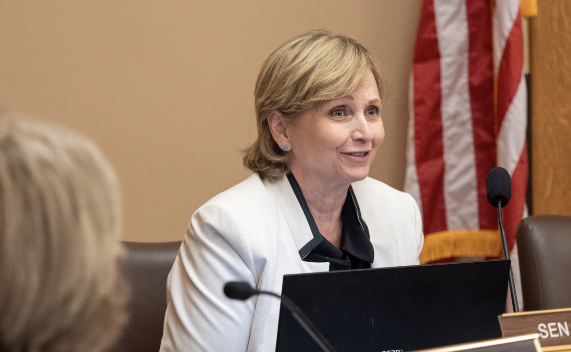 Sen. Caryn Tyson, a Parker Republican, says she mistakenly submitted an amendment shifting millions of dollars in safety net funding earmarked for Kansans with mental illnesses and disabilities as well as the frail elderly to a new fund to buy down property taxes used to finance public schools. The Senate approved the amendment after she promised the amendment didn’t appropriate state dollars to the property tax fund. She is seen here during a Feb. 2, 2026, committee hearing. (Photo by Sherman Smith/Kansas Reflector)