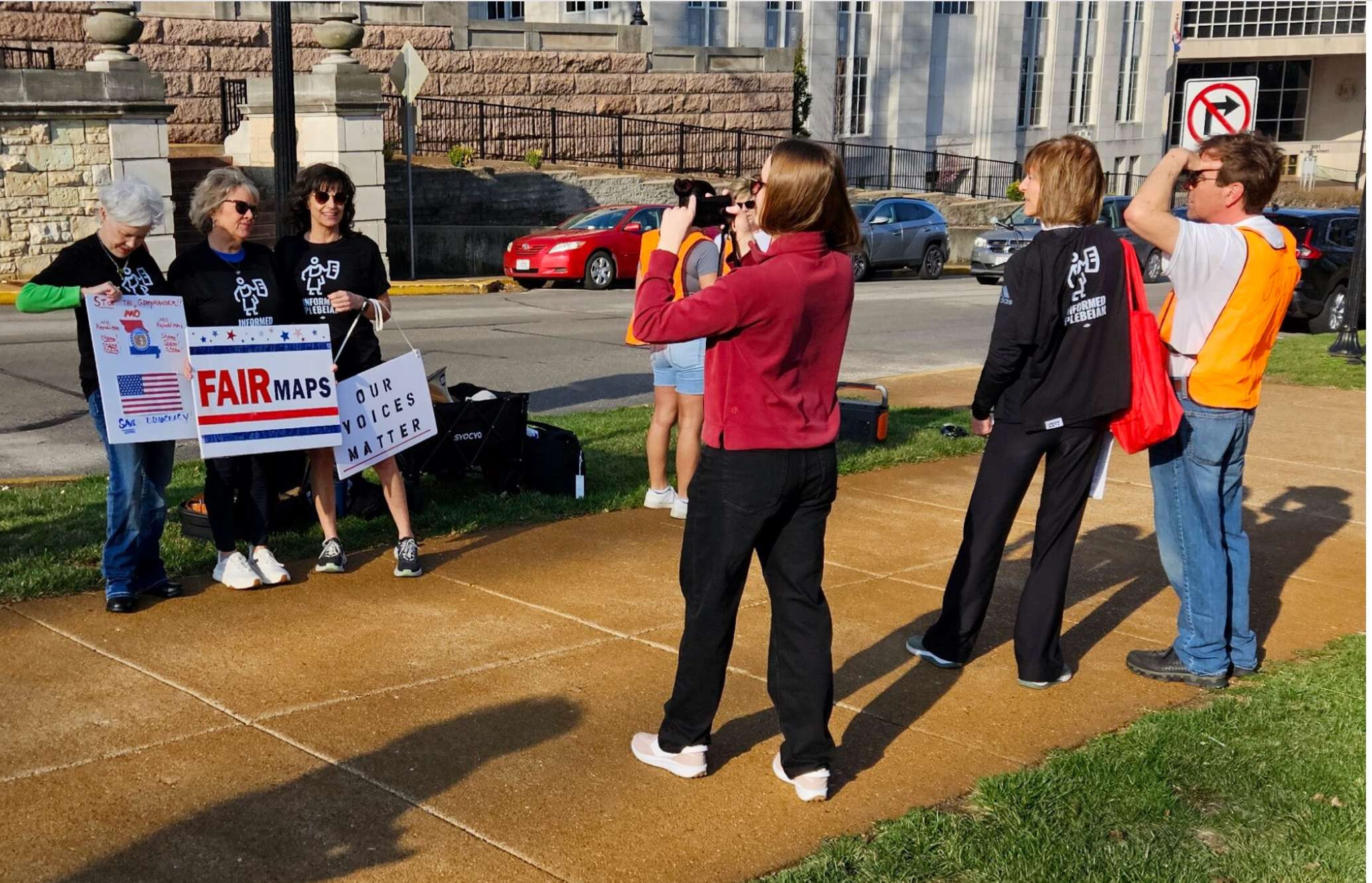  Demonstrators opposed to the gerrymandered redistricting map gather Tuesday outside the Missouri Supreme Court after the judges heard a case challenging legislative power to alter maps without new census data. (Rudi Keller/Missouri Independent)