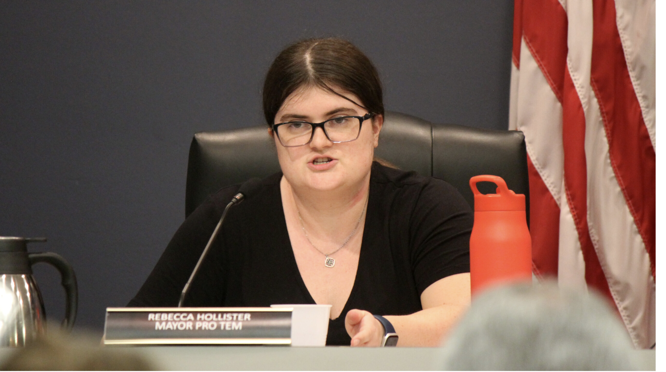 Leavenworth city commissioner Rebecca Hollister explains her vote against allowing CoreCivic to reopen its private prison. (Photo by Grace Hills for the Kansas Reflector)