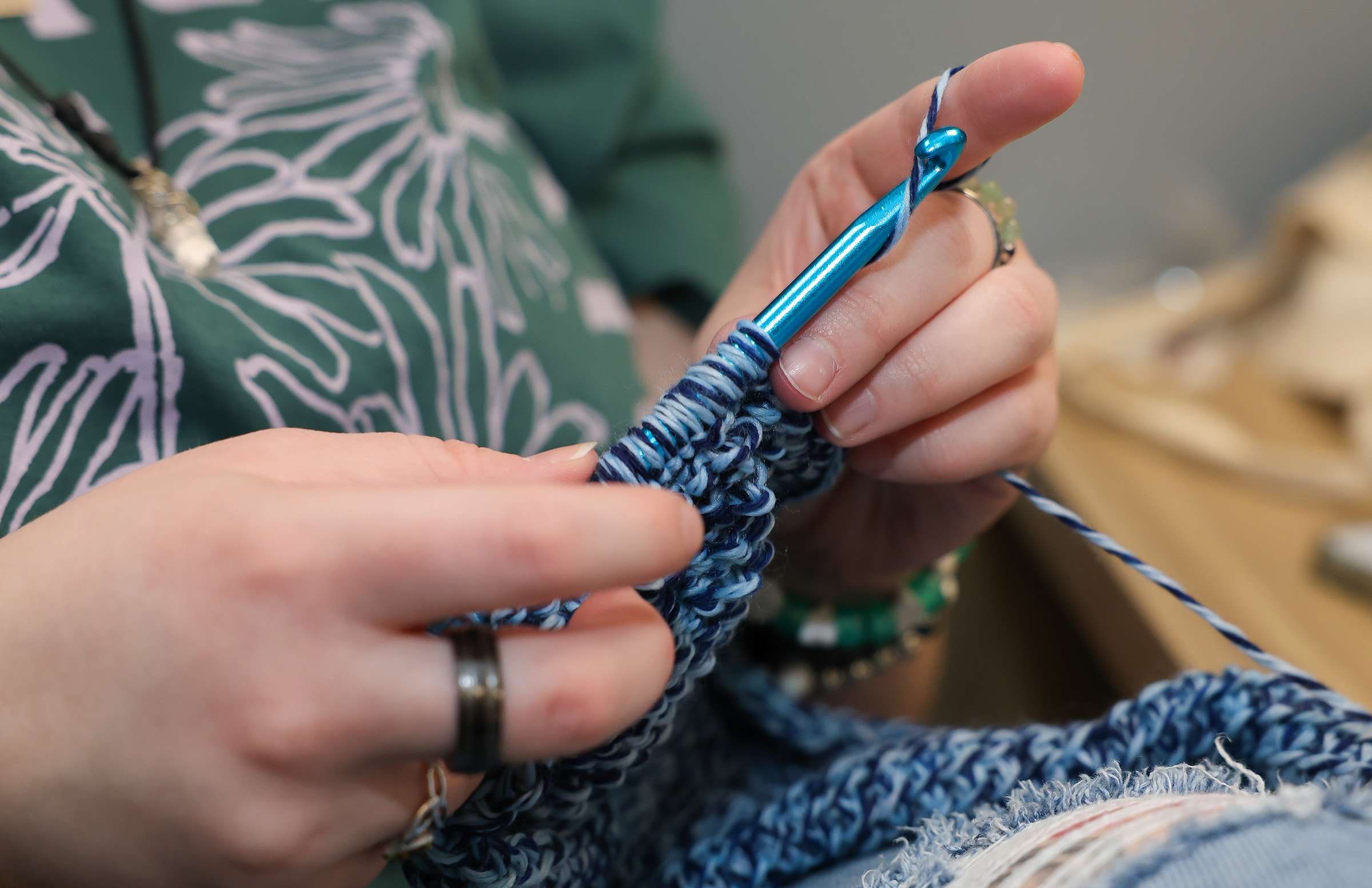 Crochet Circle typically meets twice a month at the UNK library, offering a place for students to work on projects, learn new techniques and connect with others who enjoy the craft. (Photo by Erika Pritchard, UNK Communications)