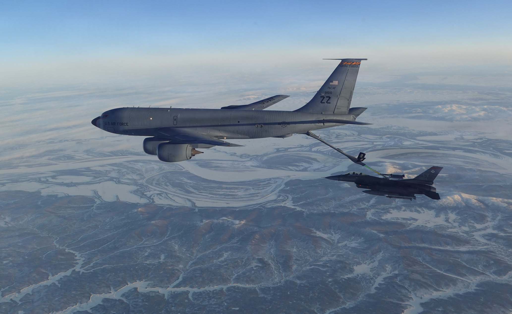 This photo provided by the U.S. Department of Defense shows a North American Aerospace Defense Command F-16 fighter refueling from a KC-135 Stratotanker over western Alaska on Thursday, Feb. 19, 2026. (U.S. Department of Defense via AP