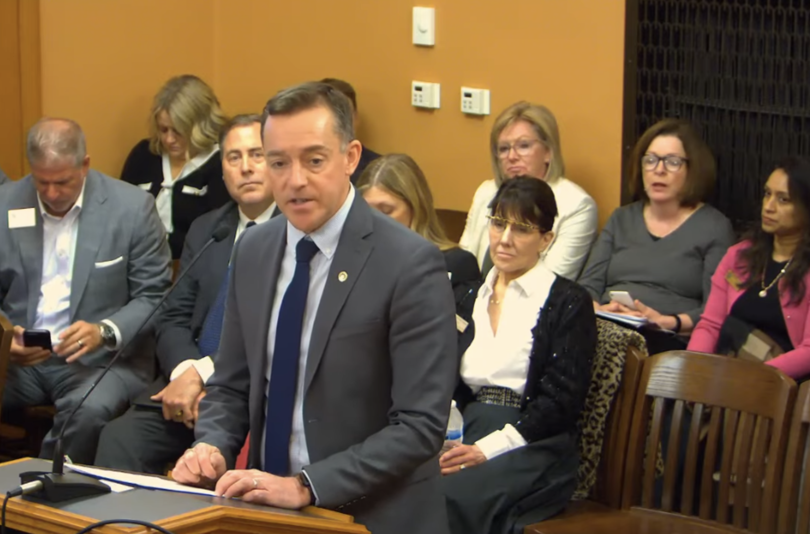 Blake Benson, chairman of the Kansas Board of Regents, says the higher education oversight board will back off opposition to Kansas House bill aimed at reducing administrative red tape at state universities if two key amendments are included in the legislation. (Kansas Reflector screen capture from Legislature’s YouTube channel)
