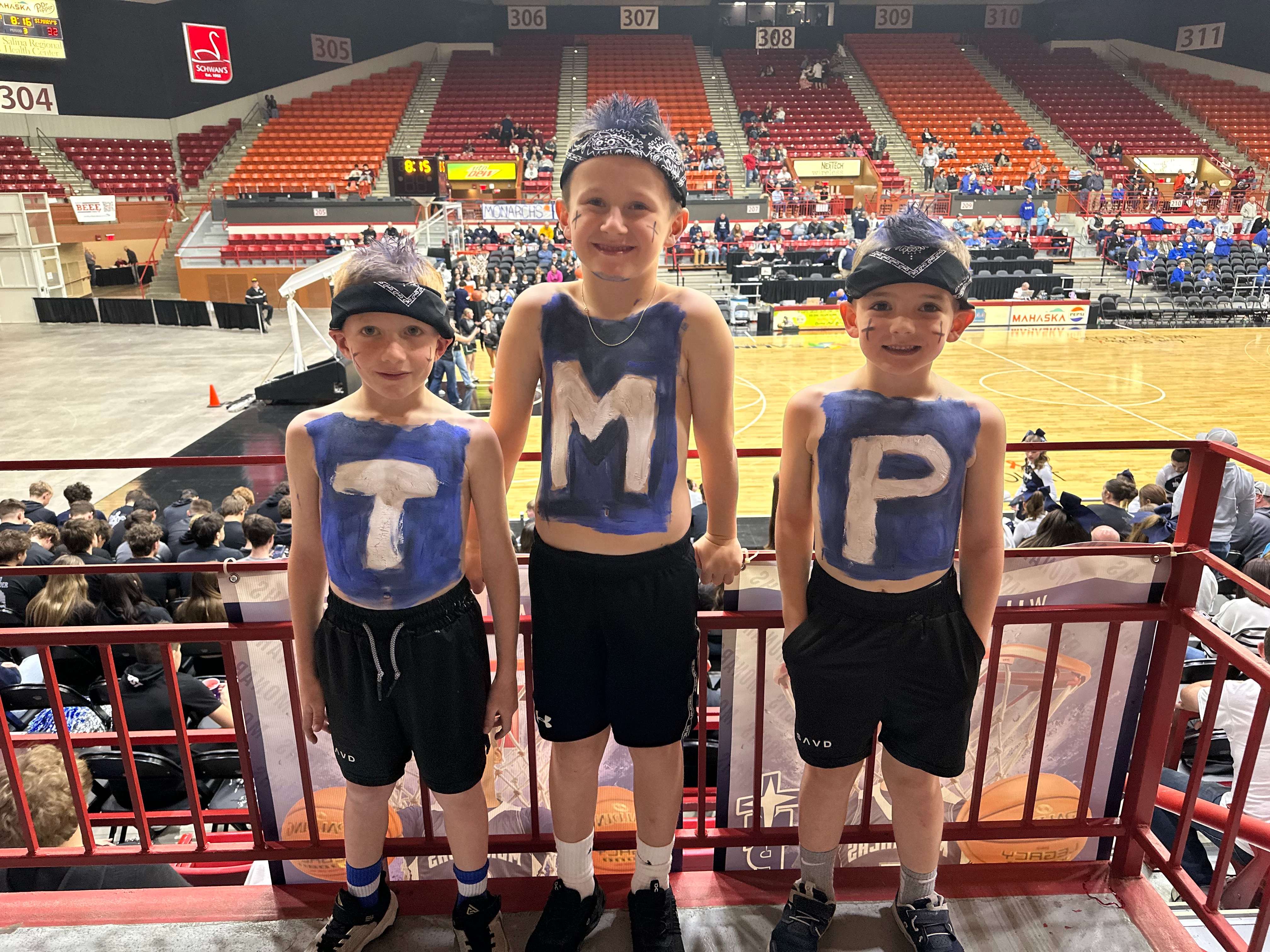 Young TMP-Marian fans who showed up to cheer on the Monarchs at state were from left: Carter Werth, Jhett Sweeney and Wyatt Werth. Photo by Diane Gasper-O’Brien