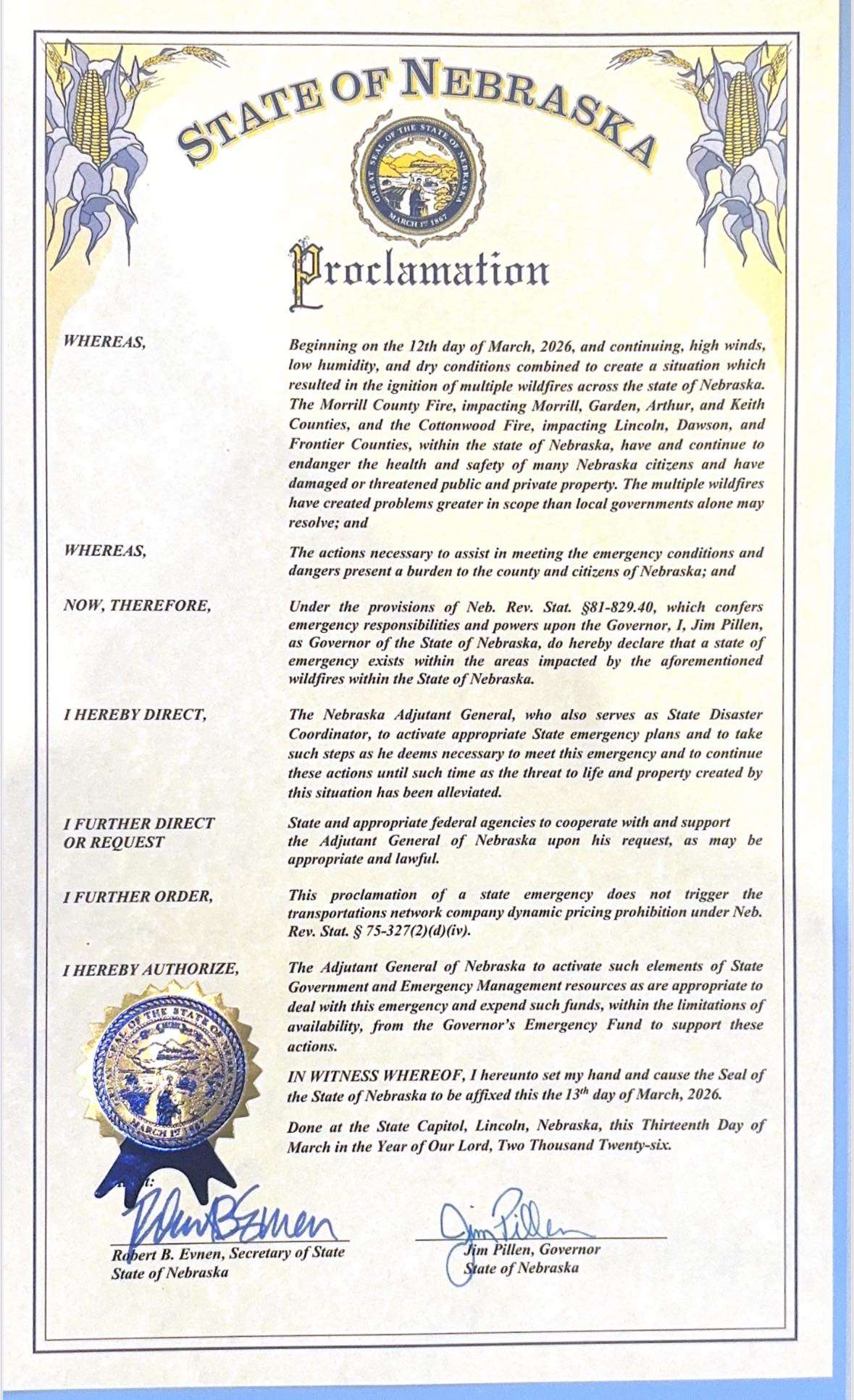 Wildfire Proclamation of State of Emergency March 13, 2026