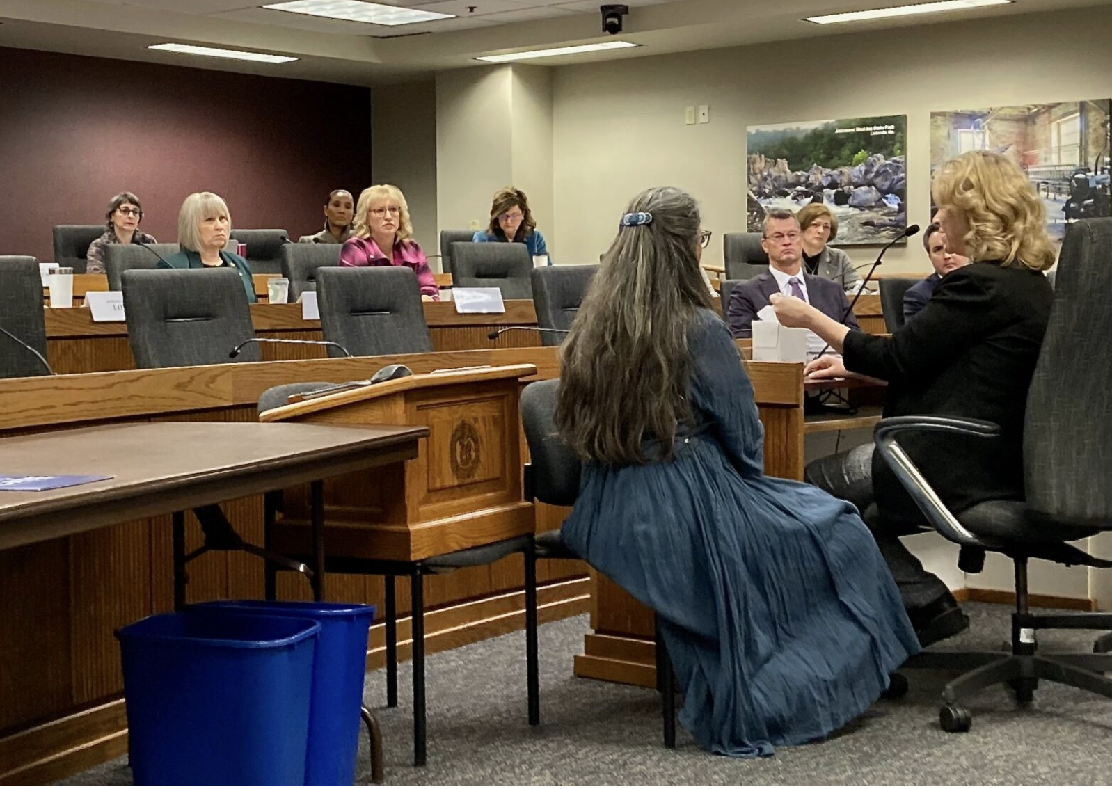  Christine McDonald, right, testifies before the Missouri House Committee on Children and Families about difficulties she faced as a survivor of sex trafficking on Jan. 16. A bill headed to Gov. Mike Kehoe's desk would allow survivors of adult sex trafficking to apply to expunge certain offenses from their records (Steph Quinn/Missouri Independent).
