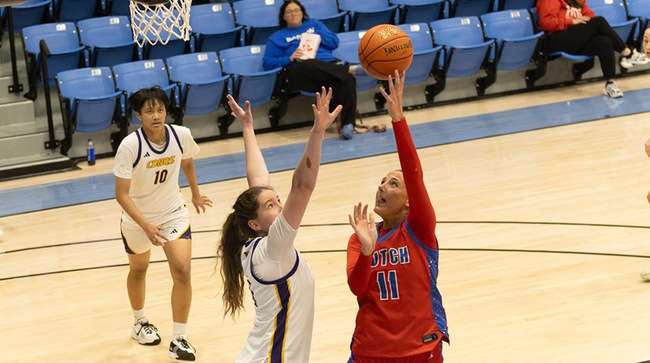 Noelle Anthon posts a double-double with 22 points and 12 rebounds in the Blue Dragons' 69-57 Region 6 Tournament semifinal victory over Dodge City on Friday in Great Bend. (Sydney Holzrichter/Blue Dragon Sports Information)