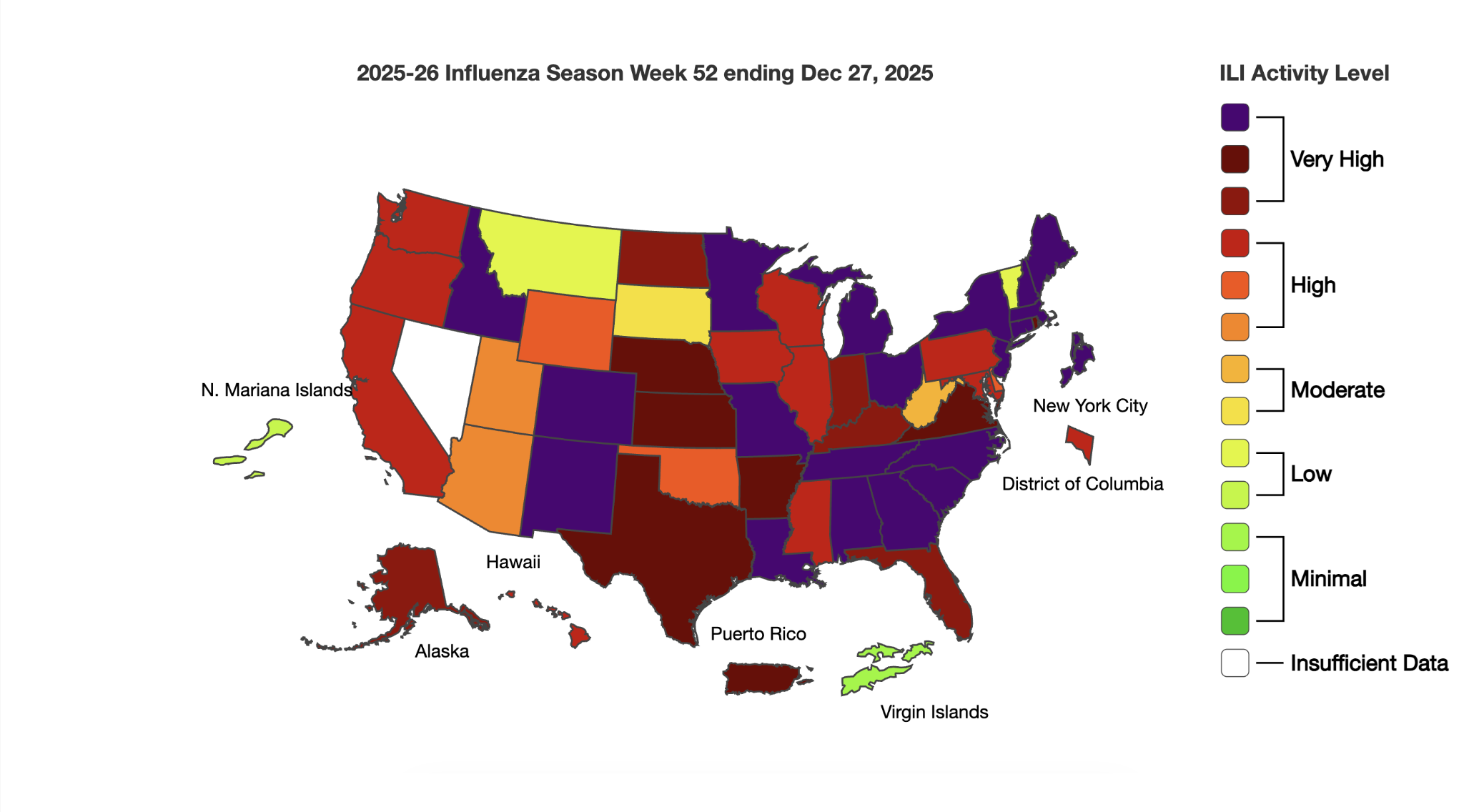 CDC Flu map from late December 2025