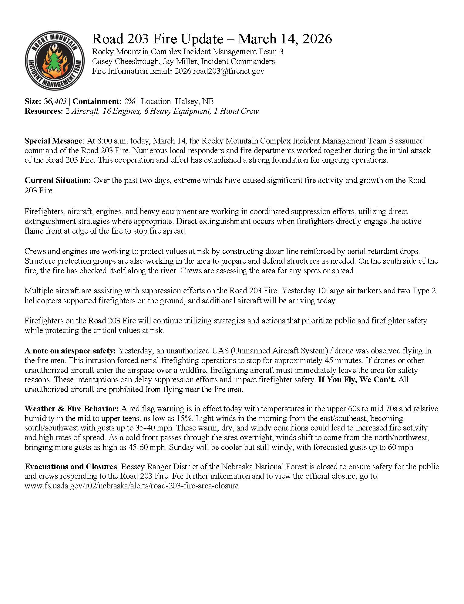 Road 203 Fire Update March 14, 2026 from Rocky Mountain Complex Incident Management Team 3
