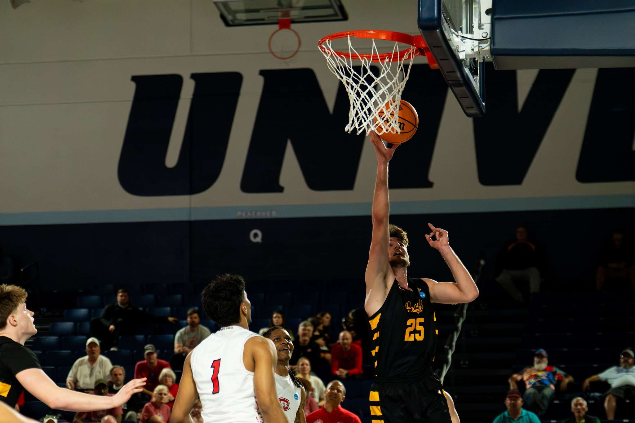 Freshman Marko Pavlovic goes up for a layup during Missouri Western's 83-65 loss to St. Cloud State in the opening round of the NCAA Central Region Tournament/ Photo courtesy of MoWest Athletics
