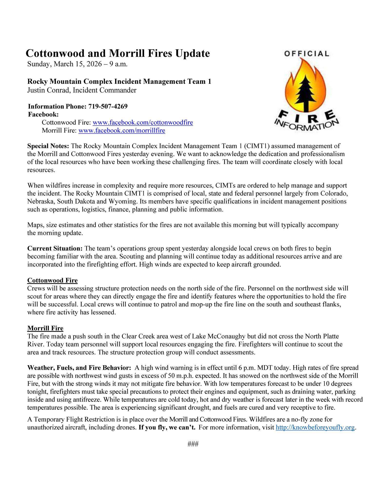 Morrill Fire and Cottonwood Fire March 15 Update.