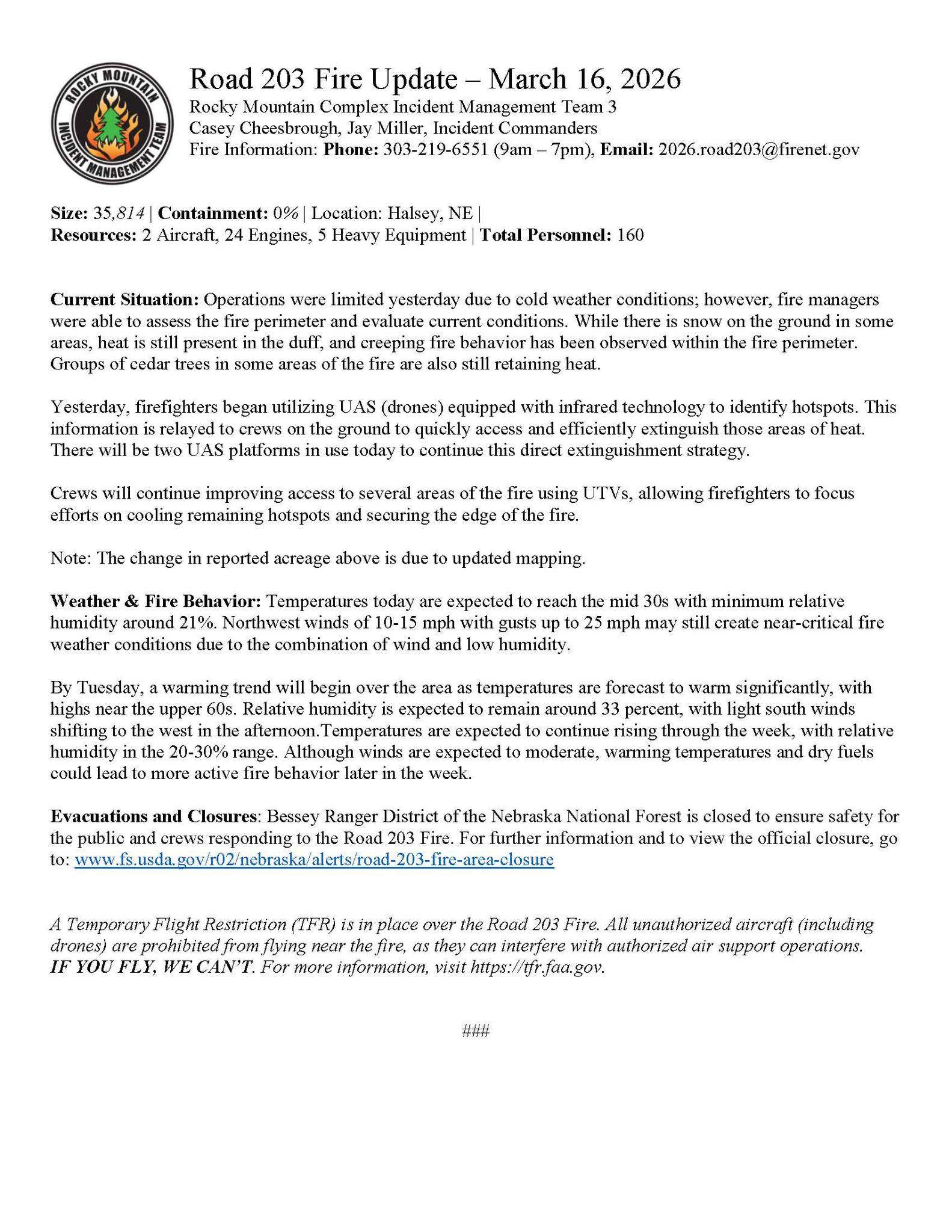 Road 203 Fire March 16, 2026 update from Rocky Mountain Complex Incident Management Team 3