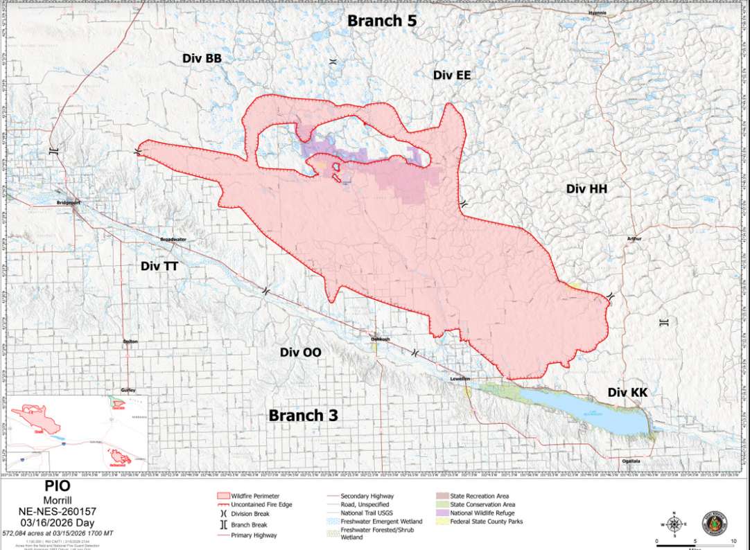 Morrill Fire March 16, 2026 - 0% Containment, 572,028.5 acres 