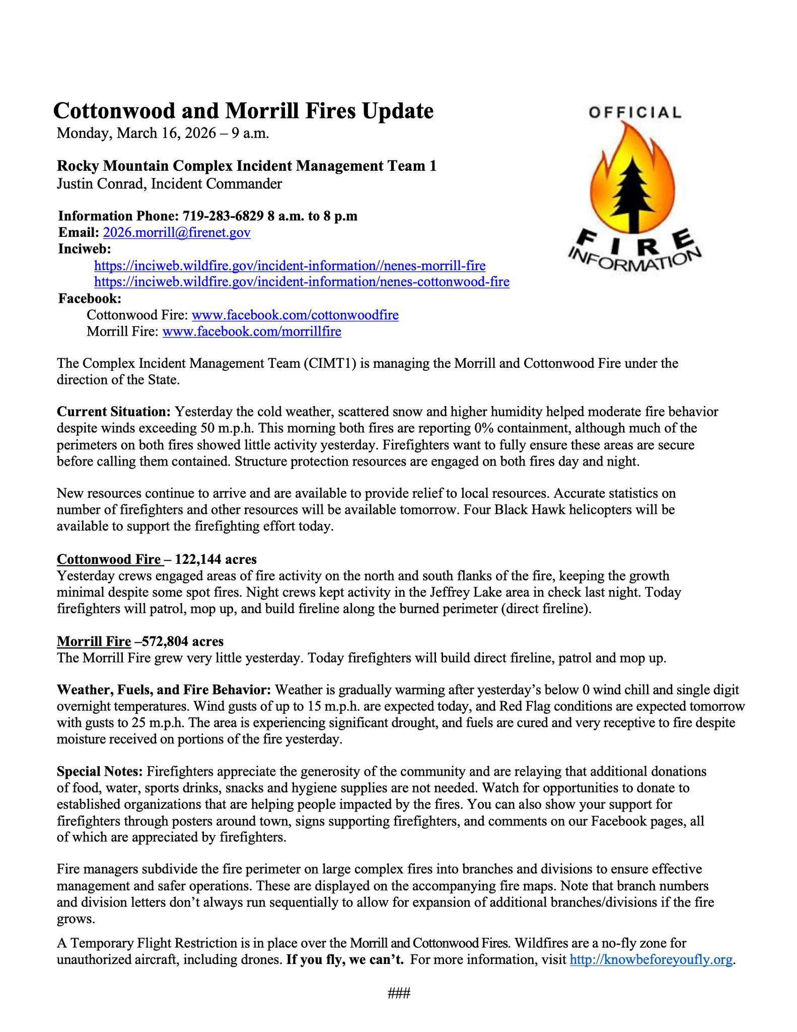 Cottonwood and Morrill Fires Update from Rocky Mountain Complex Incident Management Team 1
