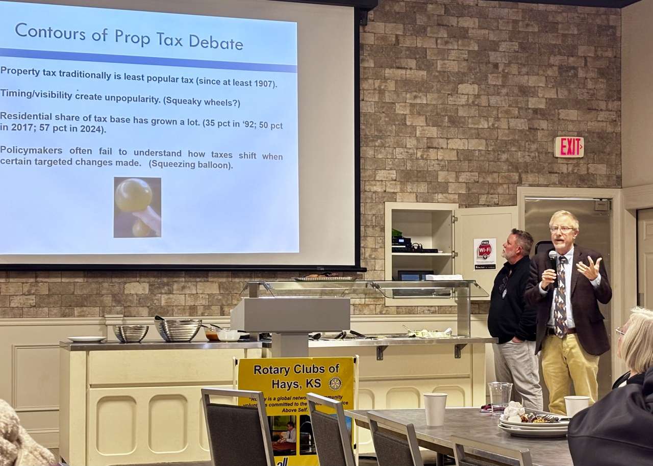 Chris Courtwright speaking with the Rotary Club of Hays on Monday about property taxes in Kansas. Photo by Tony Guerrero/Hays Post