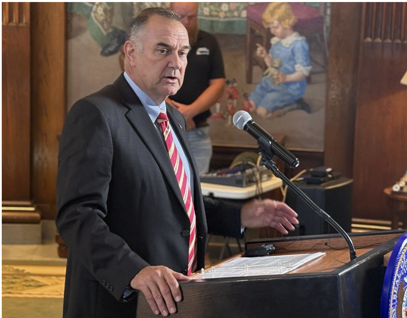 Missouri Gov. Mike Kehoe discusses the 2025 legislative session with reporters in his Capitol office on May 16 (Jason Hancock/Missouri Independent).