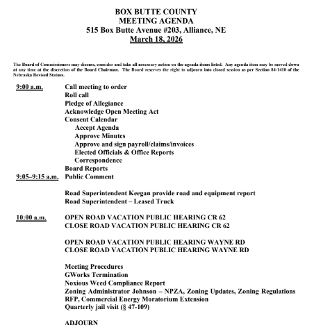 Box Butte County Commissioner Meeting Agenda, March 18, 2026