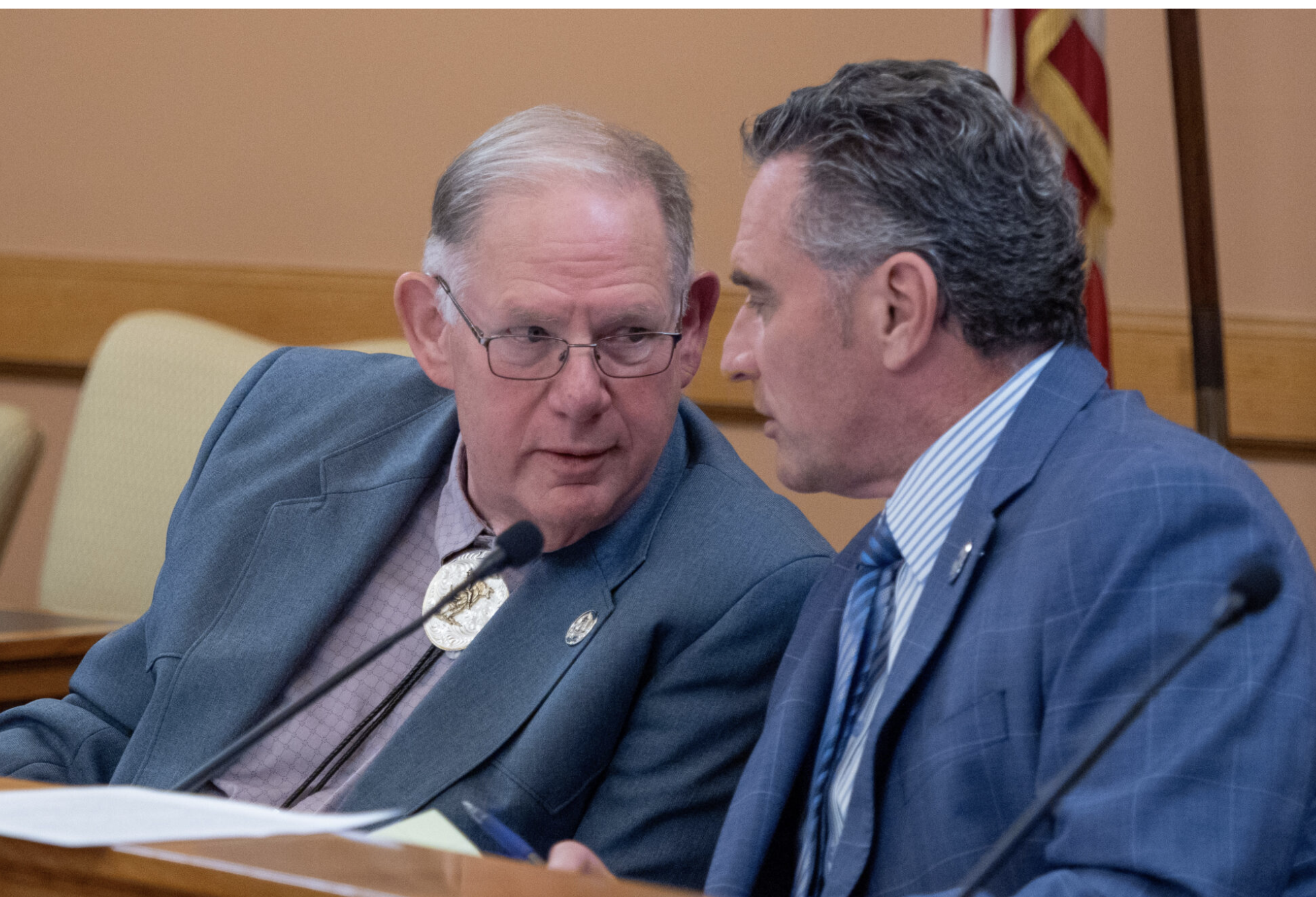  House Speaker Dan Hawkins, left, and Senate President Ty Masterson appear at a Jan. 8, 2026, legislative meeting. (Photo by Sherman Smith/Kansas Reflector)