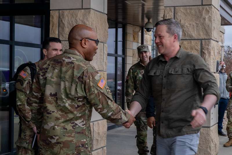 Major General Monte L. Rone welcomes Secretary of the Army, Hon. Daniel P. Driscoll to Fort Riley. (U.S. Army photos by Pfc. Ryan Lavigne) - (1st Infantry Division, U.S. Army.)