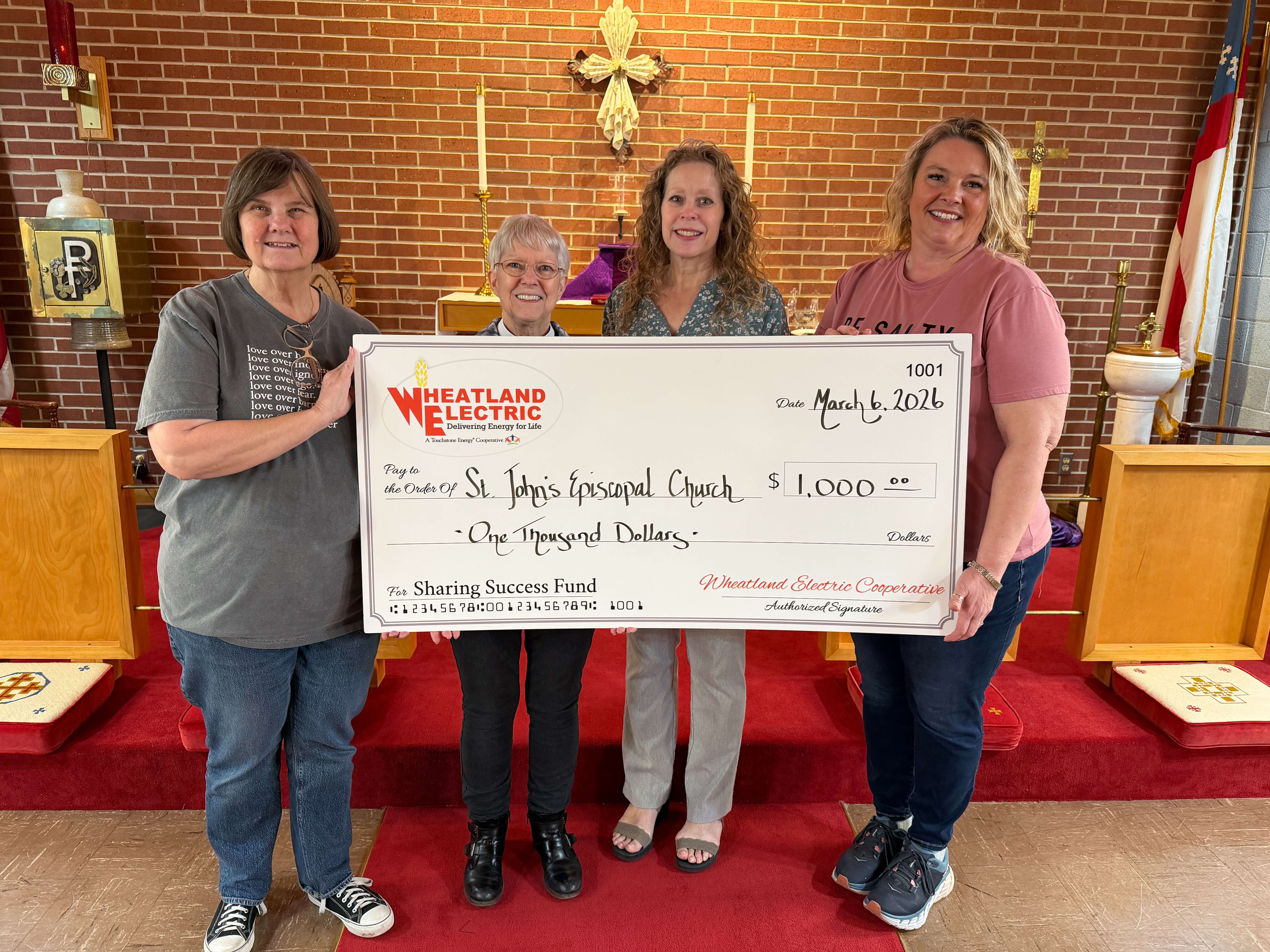 St. John’s Episcopal Church, represented by Karen Kline-Martin and Rev. Teresa Lahar (left) and Tiffany Moyer (far right), was awarded a Sharing Success grant presented by Mary Hoisington, Wheatland Electric Cooperative member services and key accounts manager (second from right). The grant will help support the church’s Feed the Children Program, which provides food assistance to at-risk children during school breaks throughout the year.