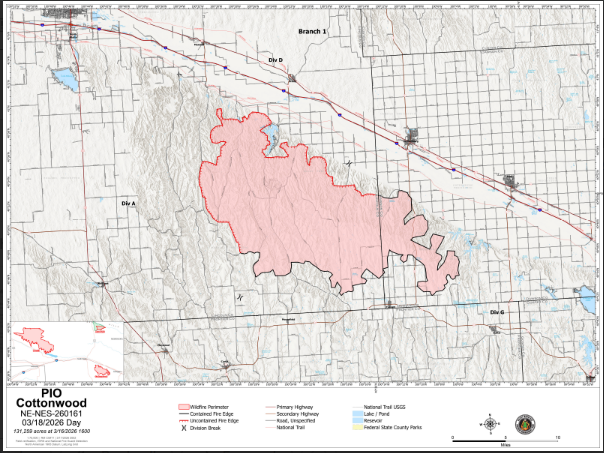 Cottonwood Fire Map Update, March 18, 2026 (courtesy NEMA).