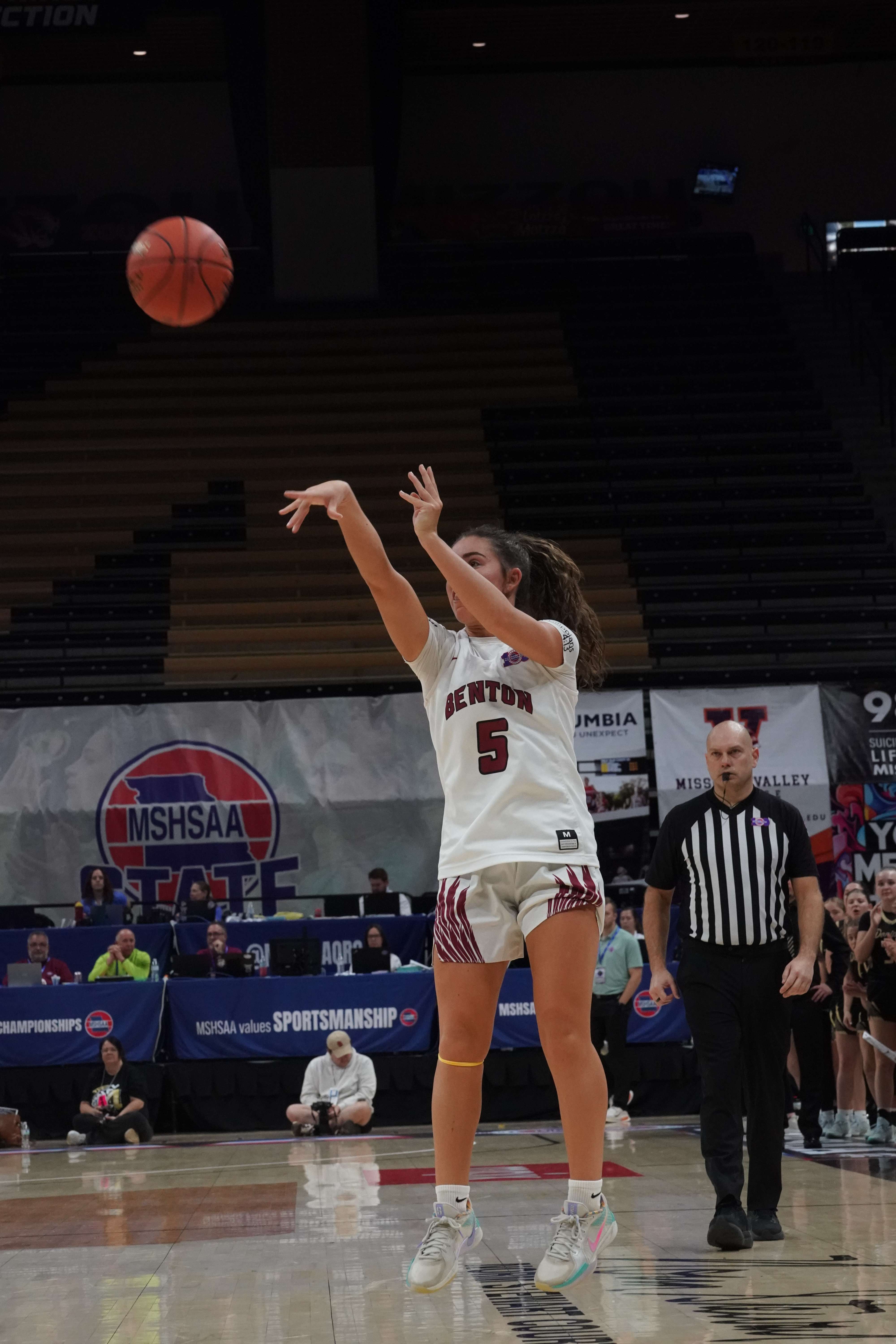 Eliana Arambula takes a three point shot in Wednesday morning's semifinal matchup against Doniphan.  Benton fell 52-42, falling to the third place game on Thursday/ Photo courtesy of Clifton Grooms