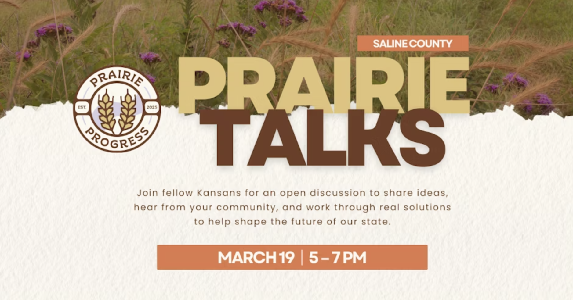 Prairie Progress hosts "Prairie Talks"&nbsp;<b>Thursday</b>&nbsp;from&nbsp;<b>5:00 pm - 7:00 pm</b>&nbsp;at the&nbsp;<b>Salina Art Center (242 S. Santa Fe Ave).</b>