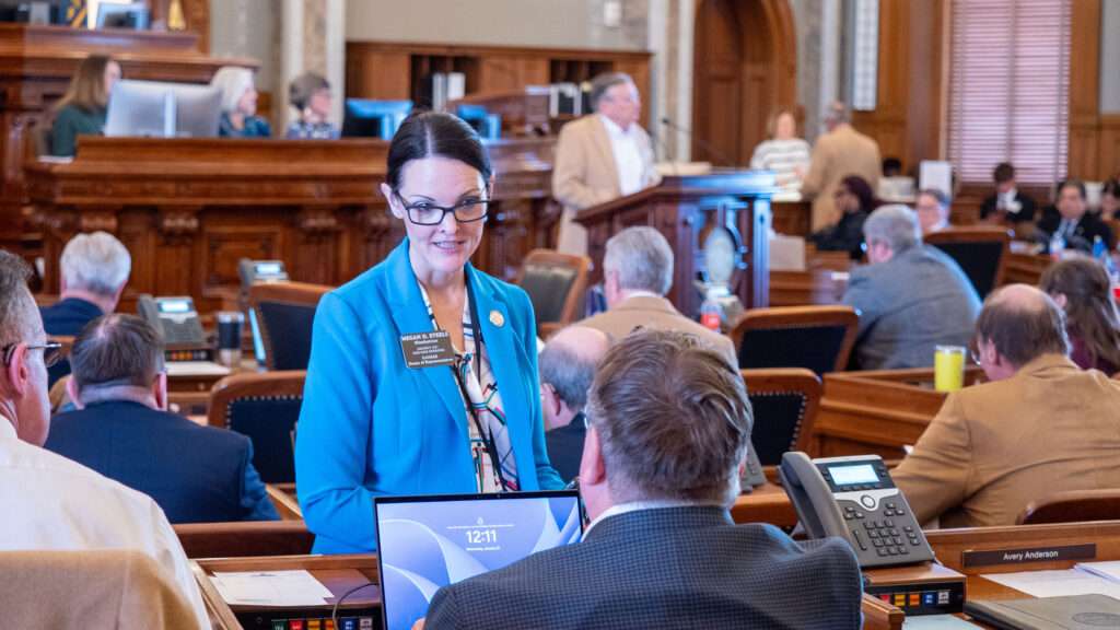 Rep. Megan Steele, R-Manhattan, supports a bill passed by the Kansas Legislature stepping back from an expectation that faculty at Kansas nursing schools hold a graduate degree. Under the bill, faculty will need a degree above students they’re teaching. This Jan. 28, 2026, image is of Steele on the House floor. (Photo by Sherman Smith/Kansas Reflector