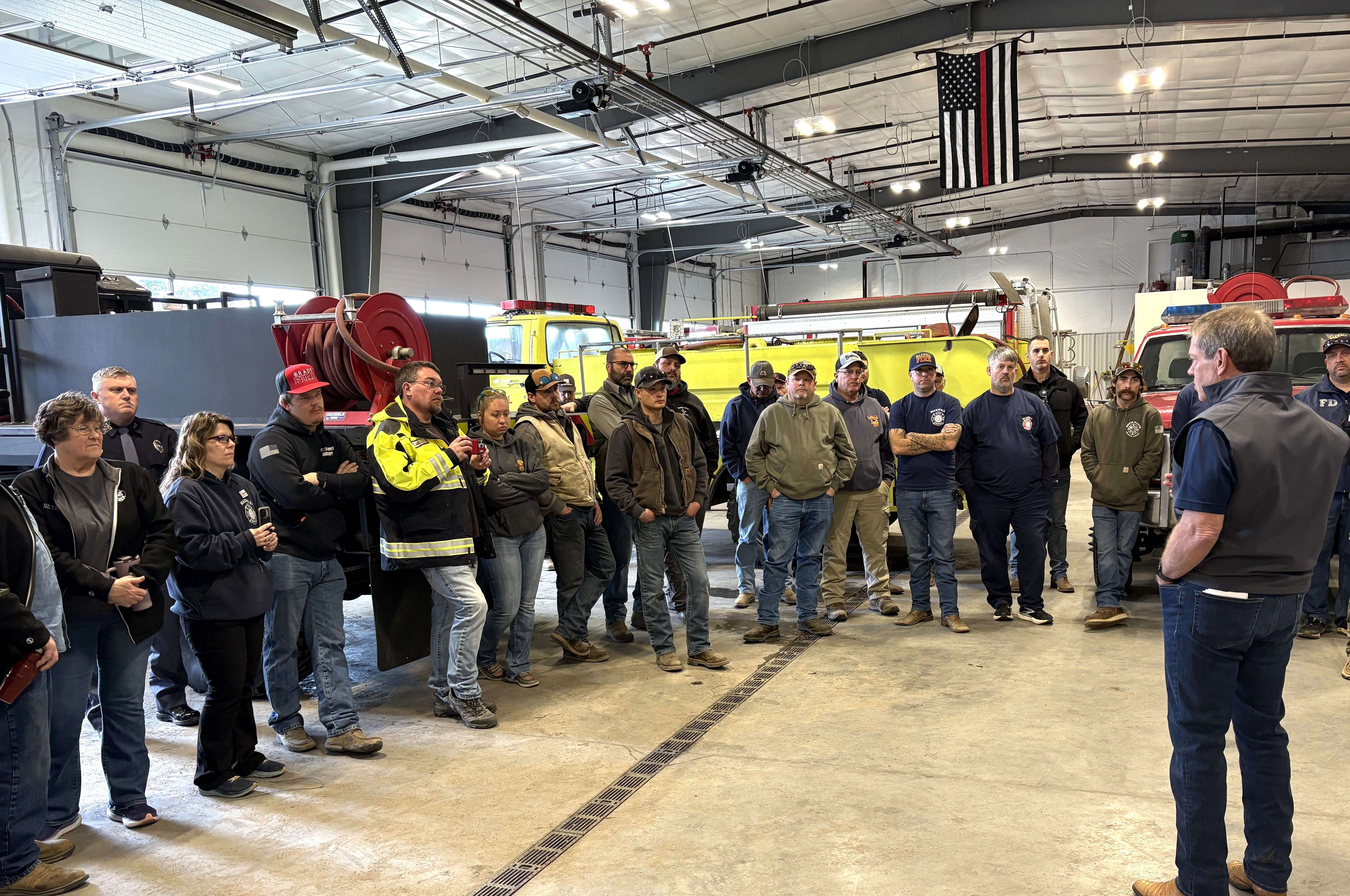 Nebraska Governor Jim Pillen toured the Cottonwood Fire and stopped by Brady, Ne to speak with fire crews and community members March 18, 2026. (Office of the Governor)