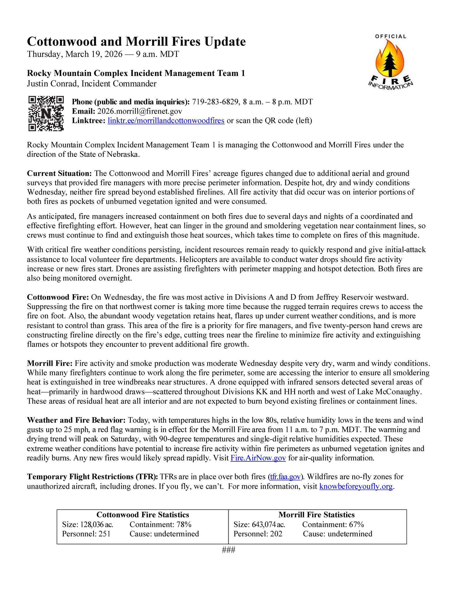 Cottonwood and Morrill Fire Update from March 19, 2026