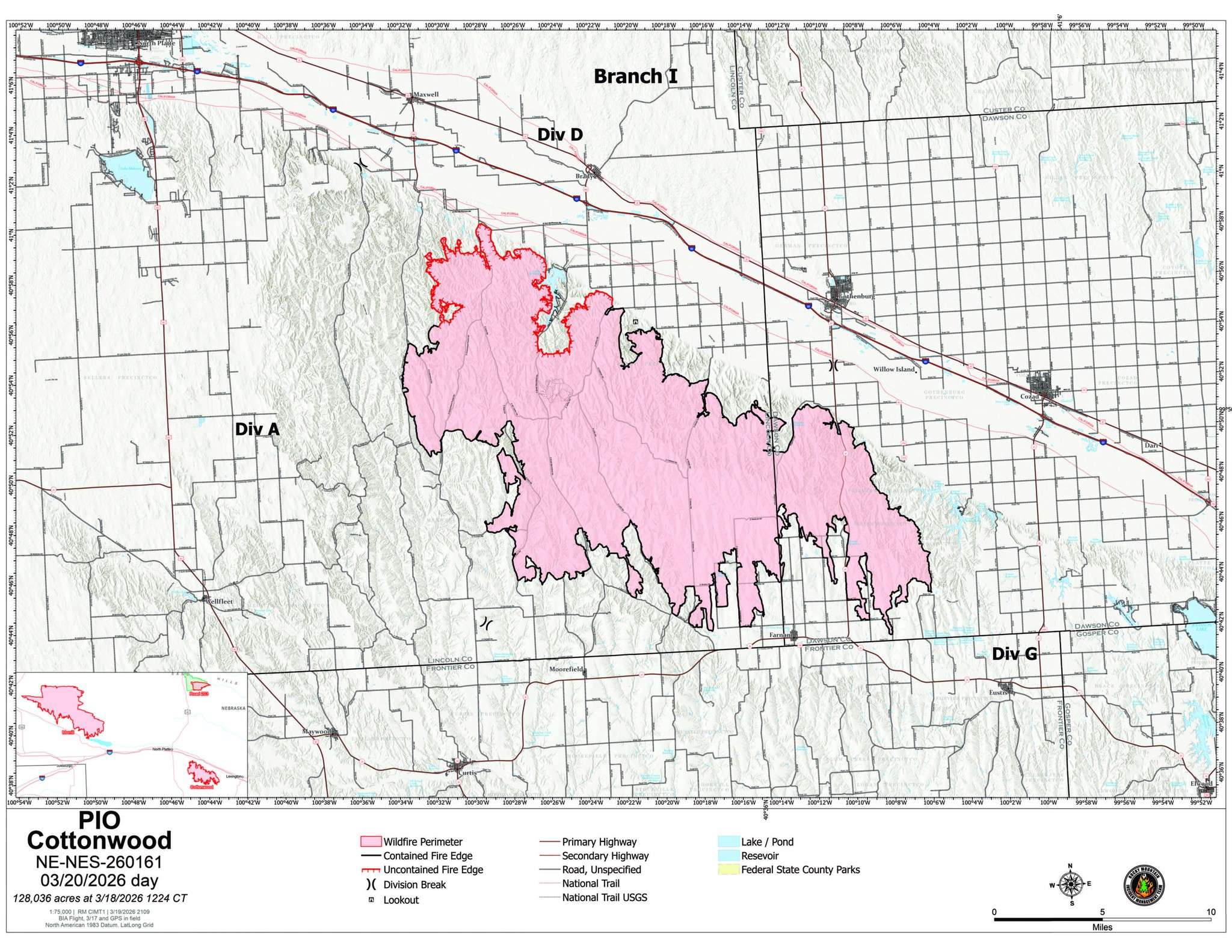 Cottonwood Fire Map Update March 20, 2026. Areas outlined in black are areas of containment.