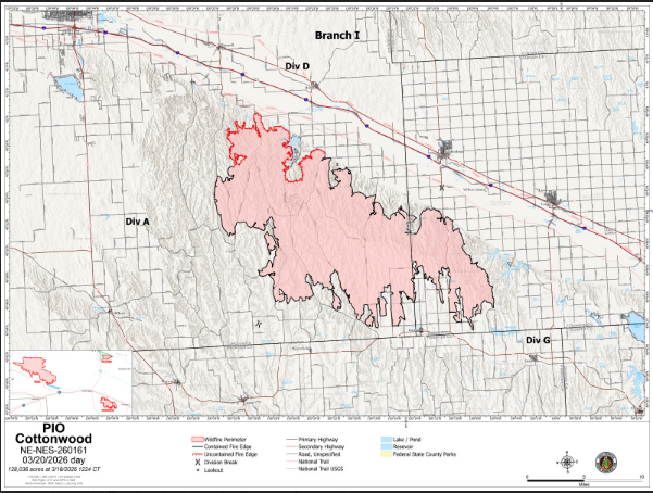 Cottonwood Fire Map Update, March 20, 2026 (courtesy NEMA).