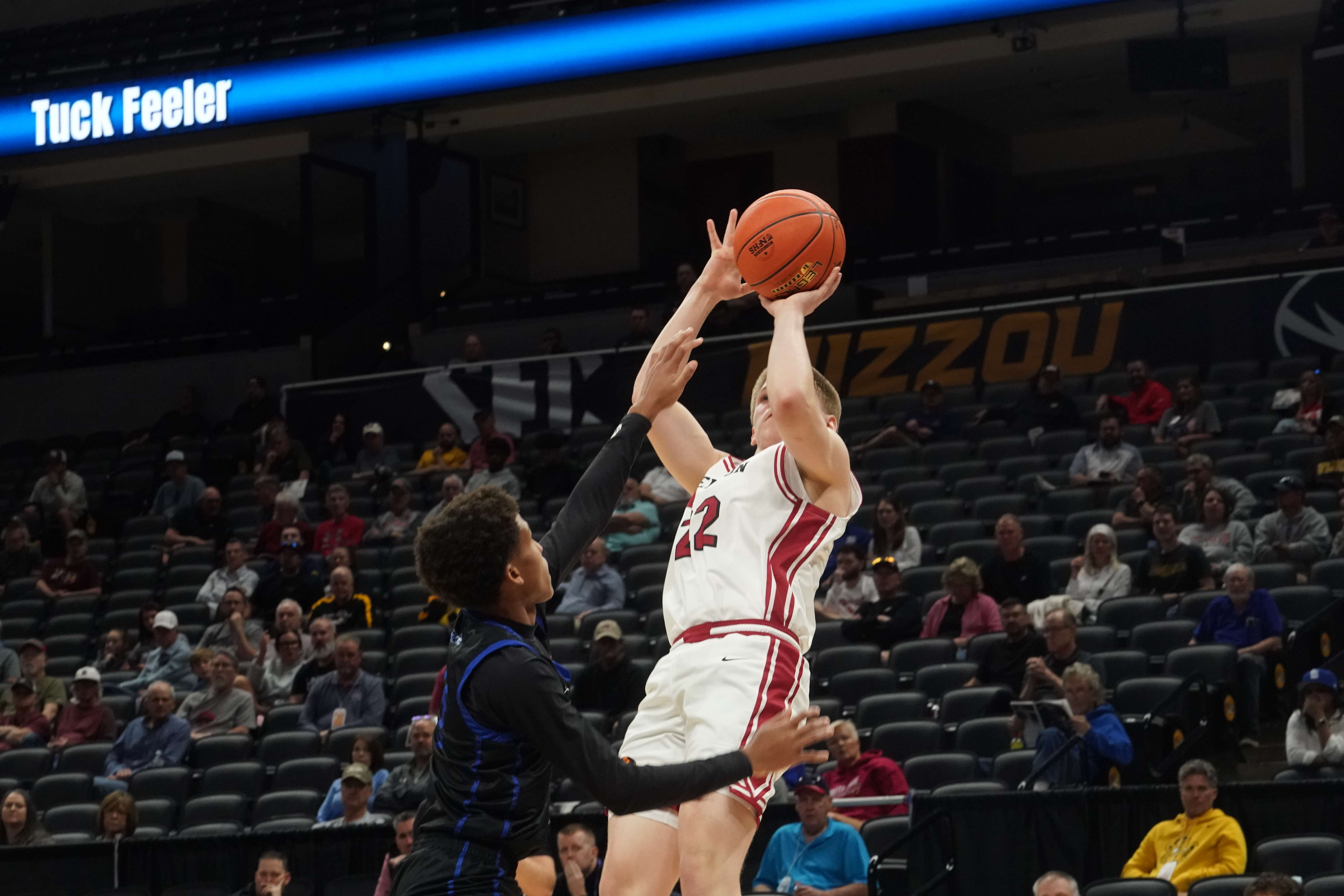 Zaidyn Woodward shoots a fadeaway shot.&nbsp; Woodward scored six points in Benton's 54-52 loss to Clayton in the MSHSAA Class 4 semifinals/ Photo courtesy of Clifton Grooms