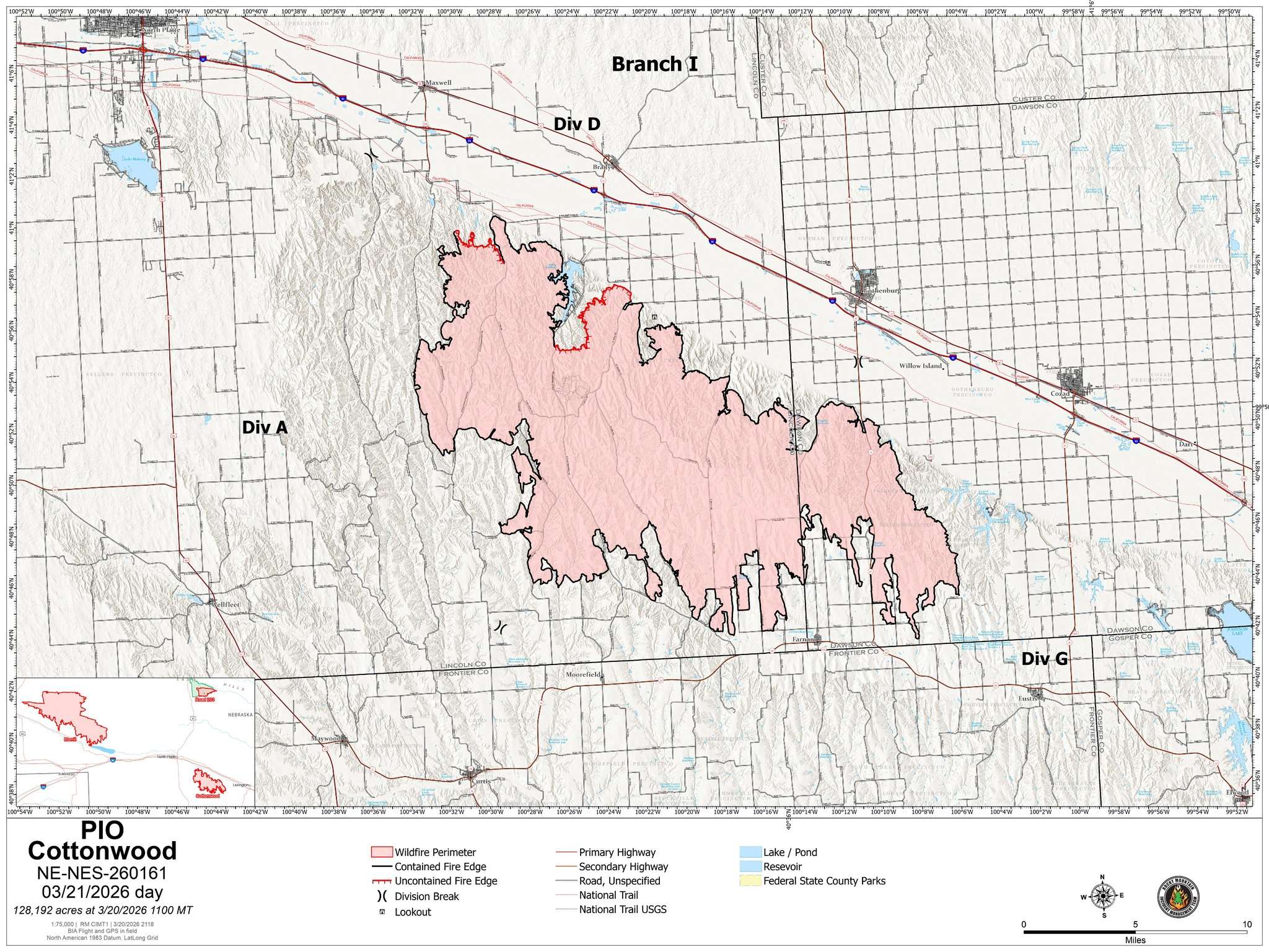 Cottonwood Fire map update from Rocky Mountain Complex Incident Management Team 1 on March 21, 2026.