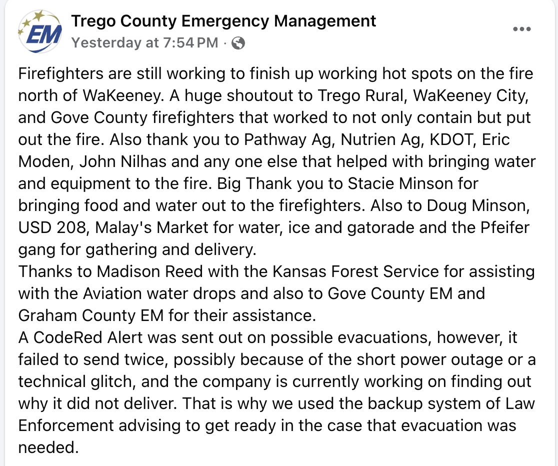Posted Saturday on Trego County Emergency Management's Facebook page
