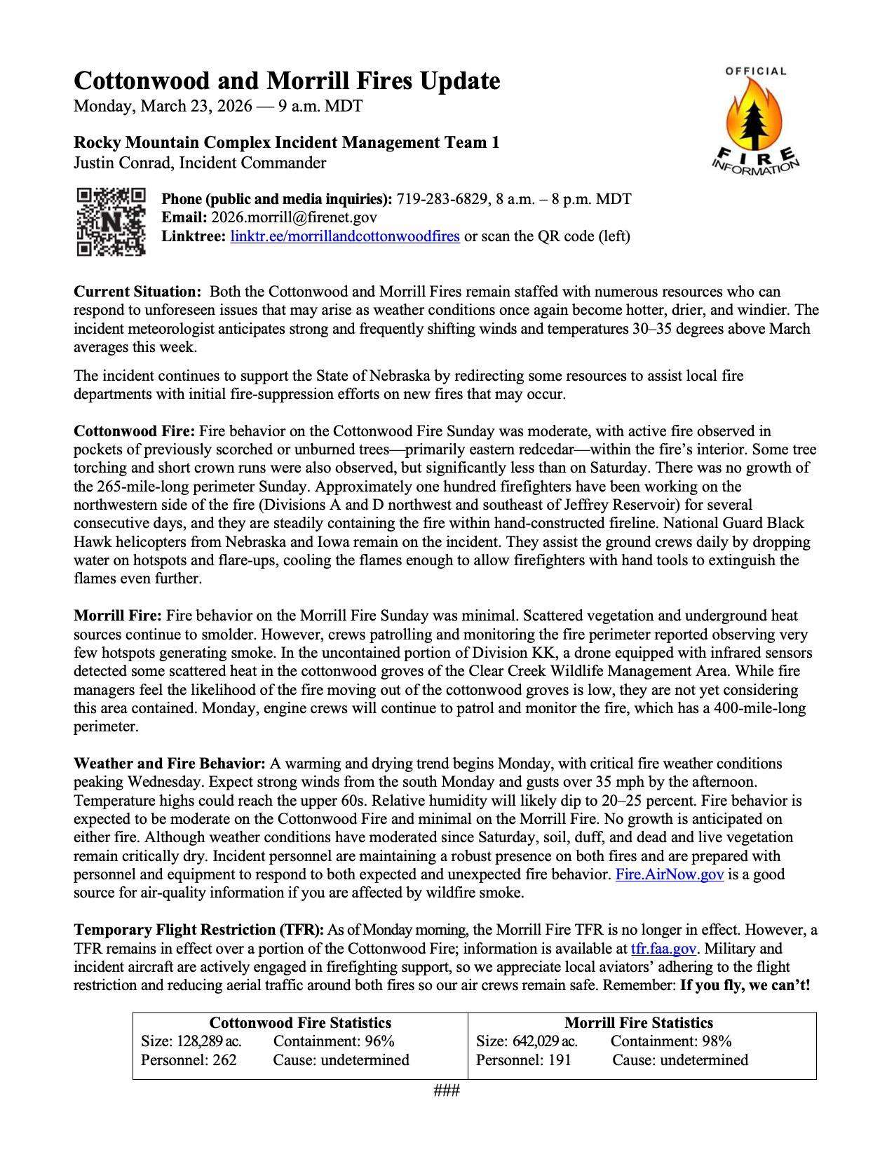 Morrill and Cottonwood Fires March 23, 2026 update. 