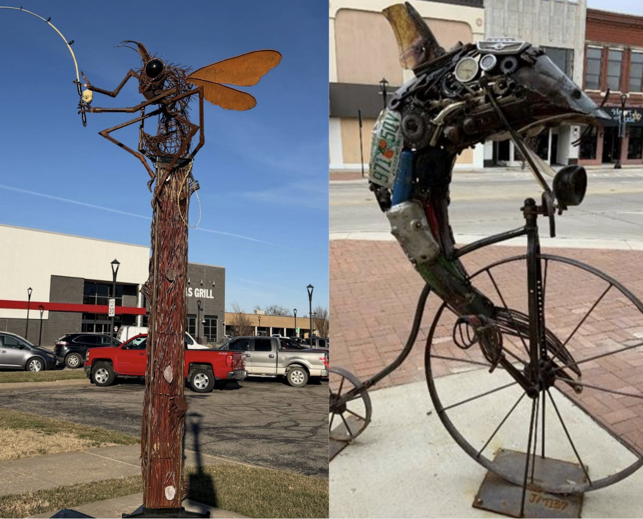<b>(Left)</b> Mr Hatter’s Pursuits in Becoming Human: 006 Fisherman at Fall River by Brady Hatter along N. Santa Fe near The Alley on 111 E. Ash Street. <b>(Right) </b>Clarence the Catfish by Joe and Terry Malesky - City of Salina