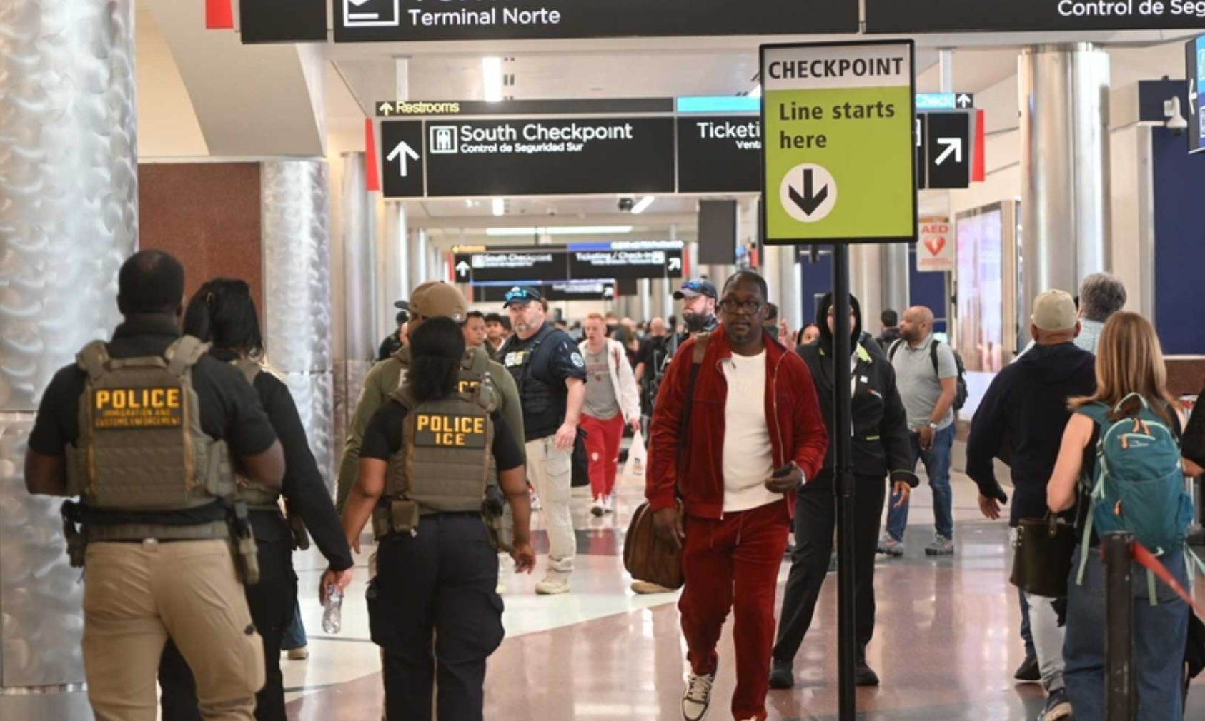 Federal immigration officers at the Hartsfield-Jackson Atlanta International Airport on Monday, March 23, 2026. (Photo by Ross Williams/Georgia Recorder)