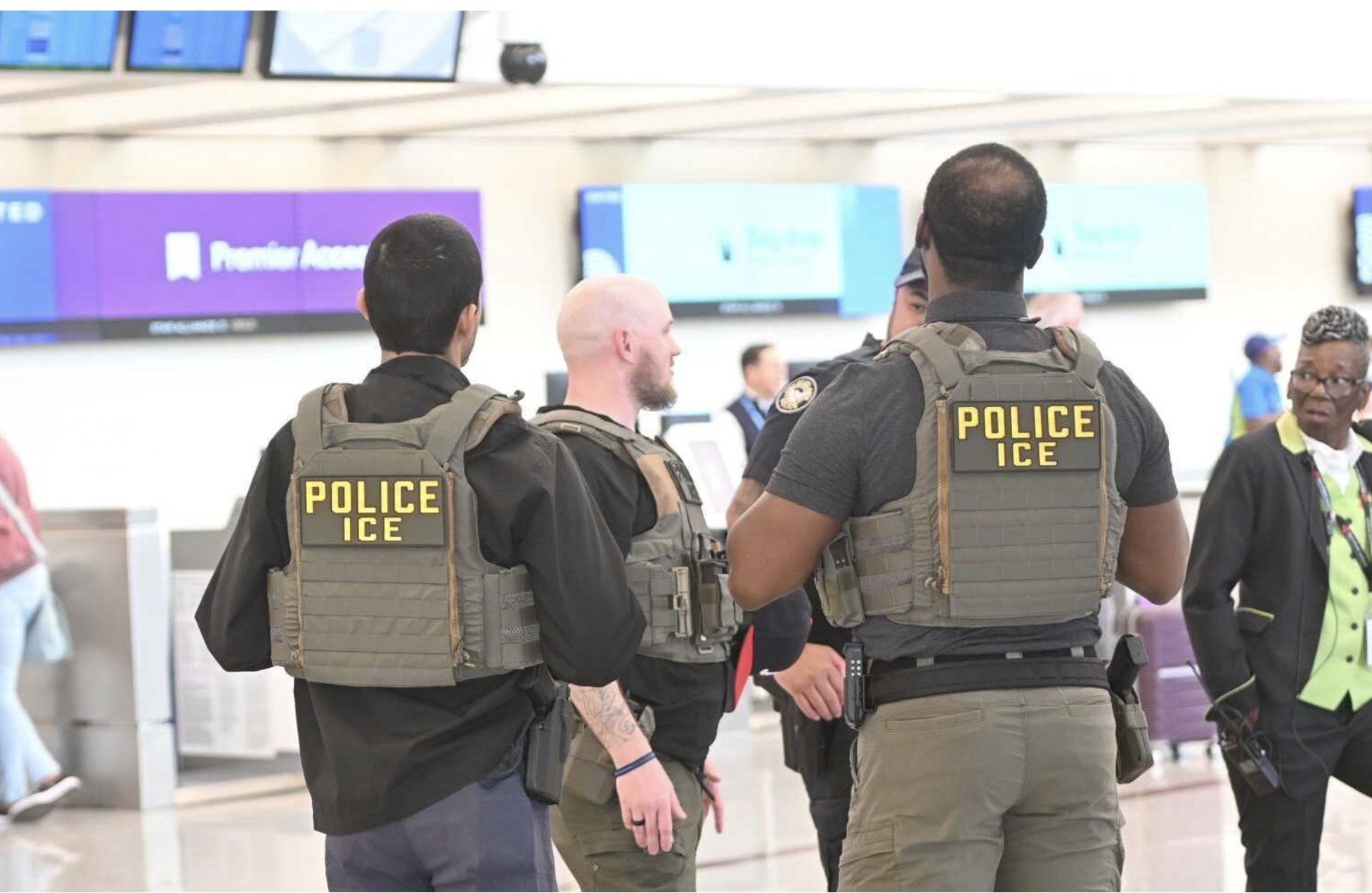 Federal immigration officers were at the Hartsfield-Jackson Atlanta International Airport on Monday, March 23, 2026, to help with airport security as the partial shutdown continues. The airport was telling travelers to prepare for at least four-hour wait times to get through security Monday (Ross Williams/Georgia Recorder).