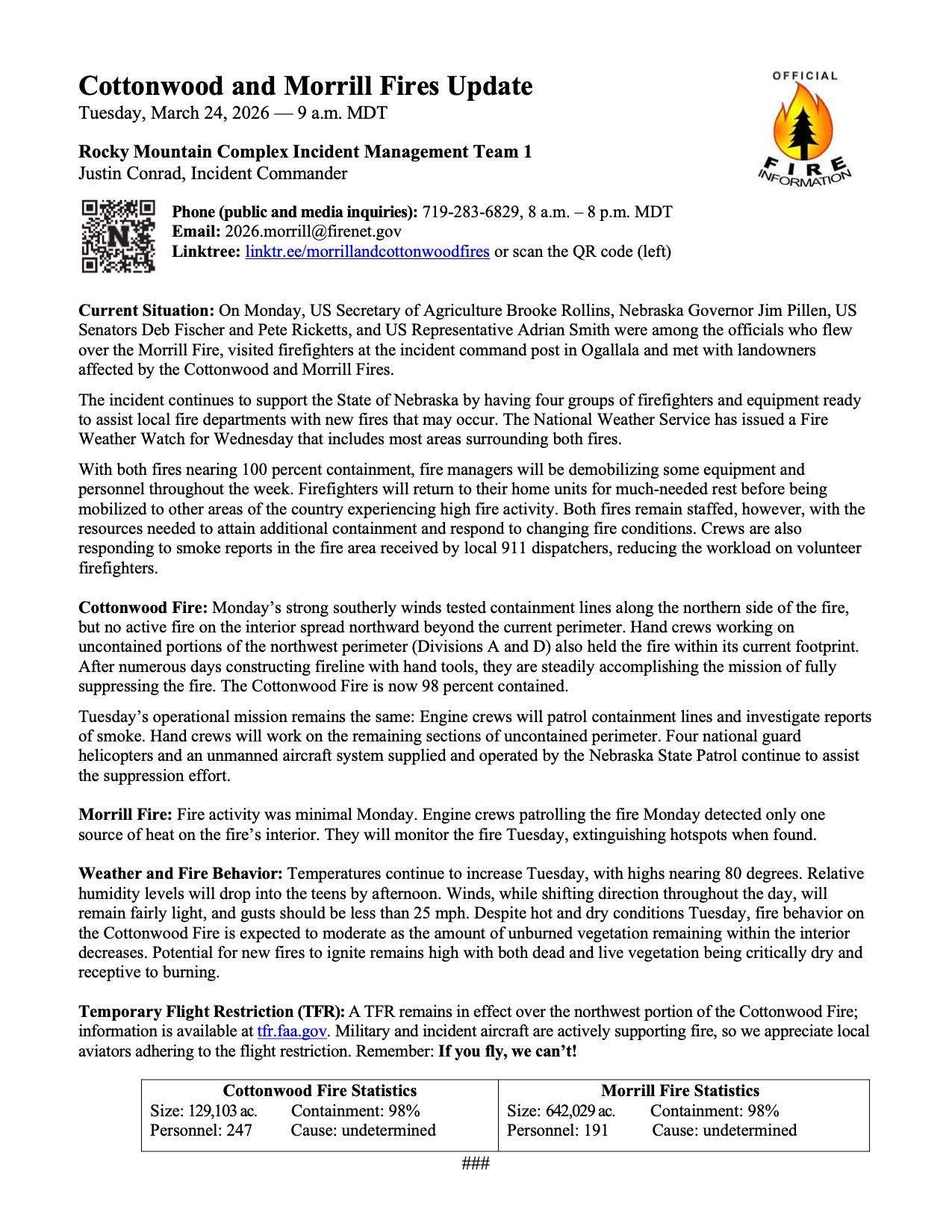 Cottonwood and Morrill Fire update from March 24, 2026.